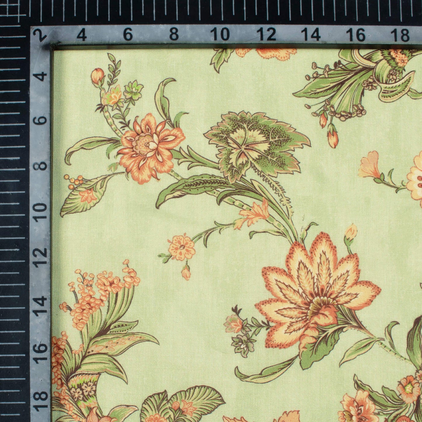 Pistachio Green And Light Orange Floral Pattern Digital Print Poly Cambric Fabric