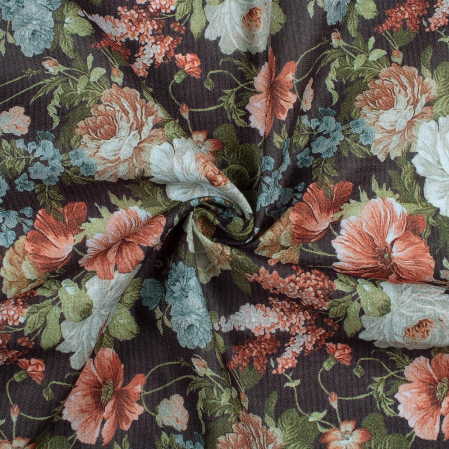 Black And Dark Blush Pink Floral Pattern Digital Print Poly Cambric Fabric