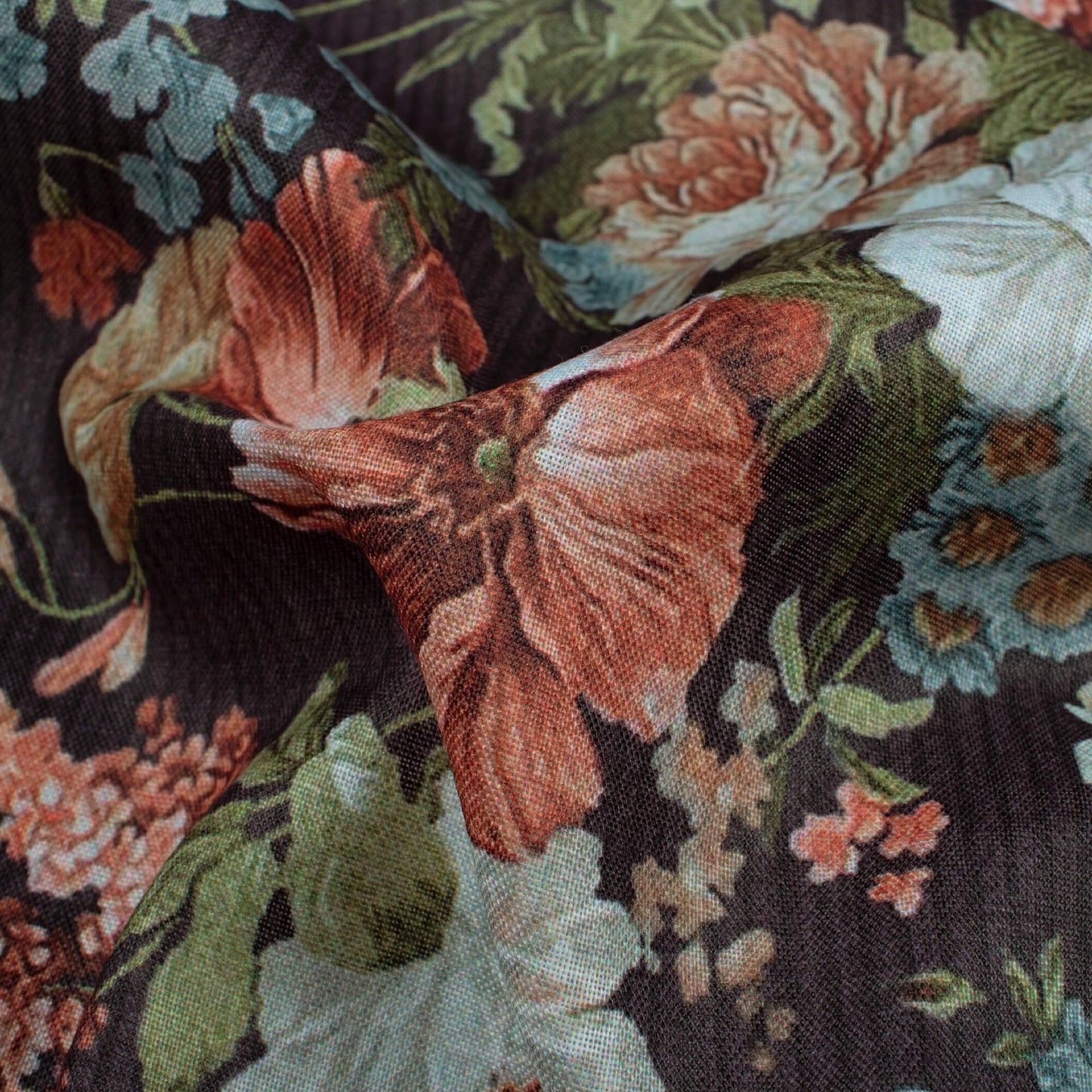 Black And Dark Blush Pink Floral Pattern Digital Print Poly Cambric Fabric