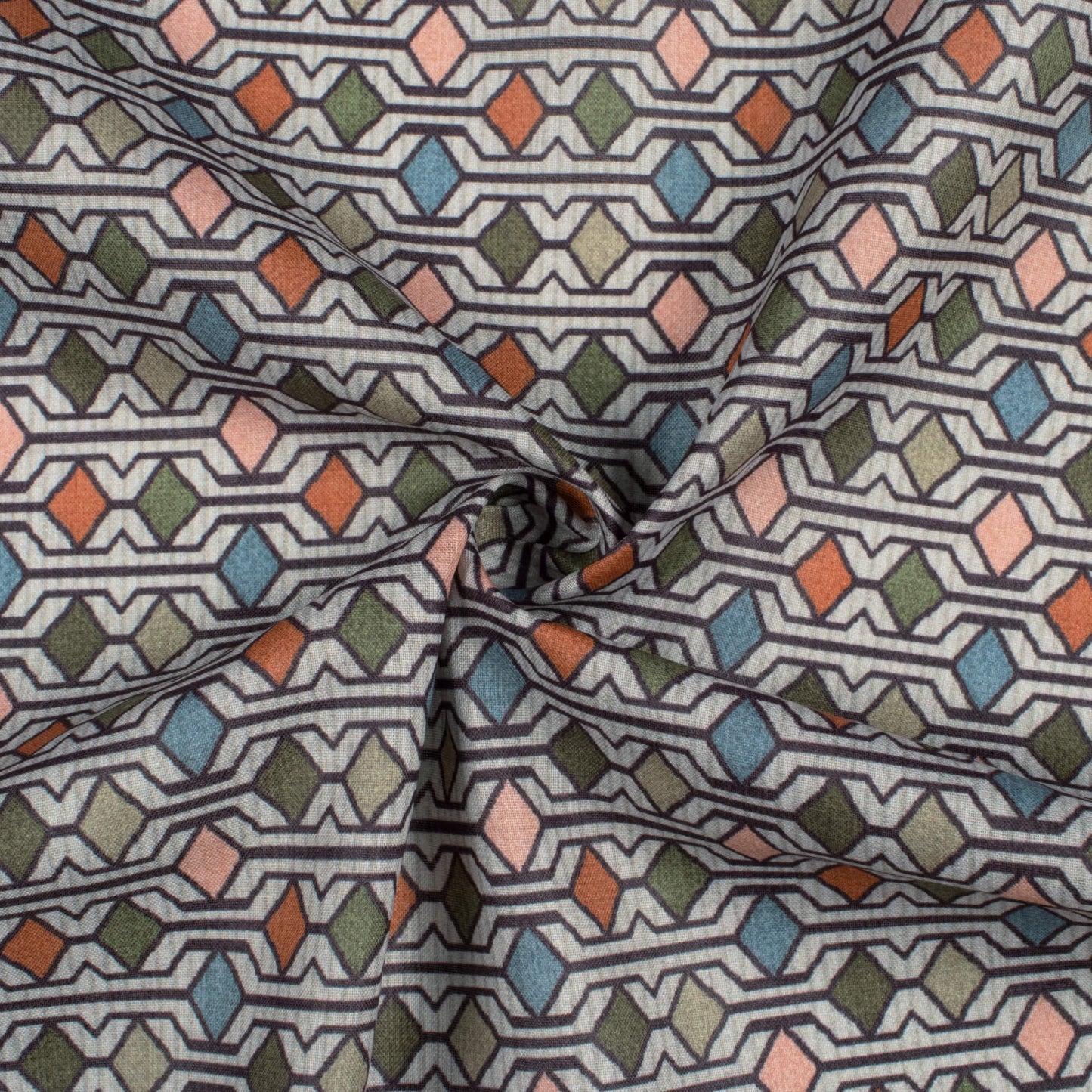 Sage Green And Peach Geometric Pattern Digital Print Poly Cambric Fabric