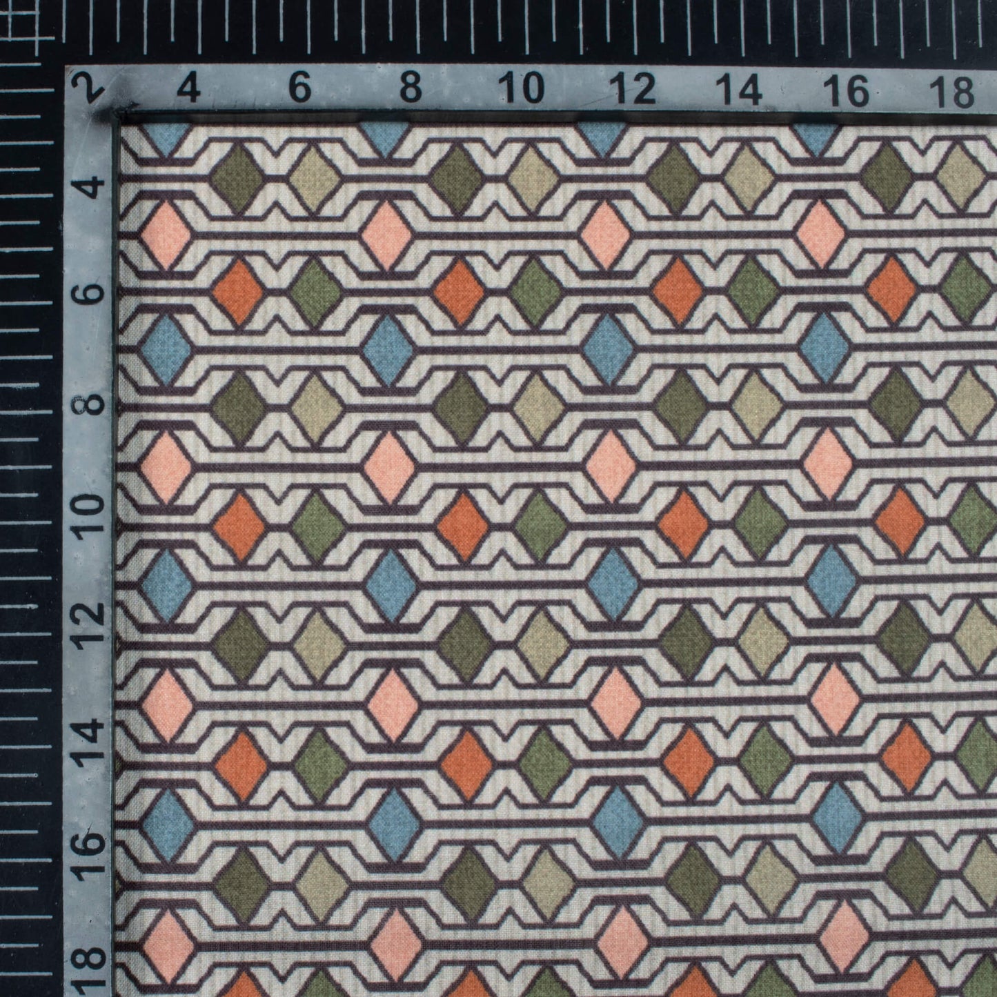 Sage Green And Peach Geometric Pattern Digital Print Poly Cambric Fabric