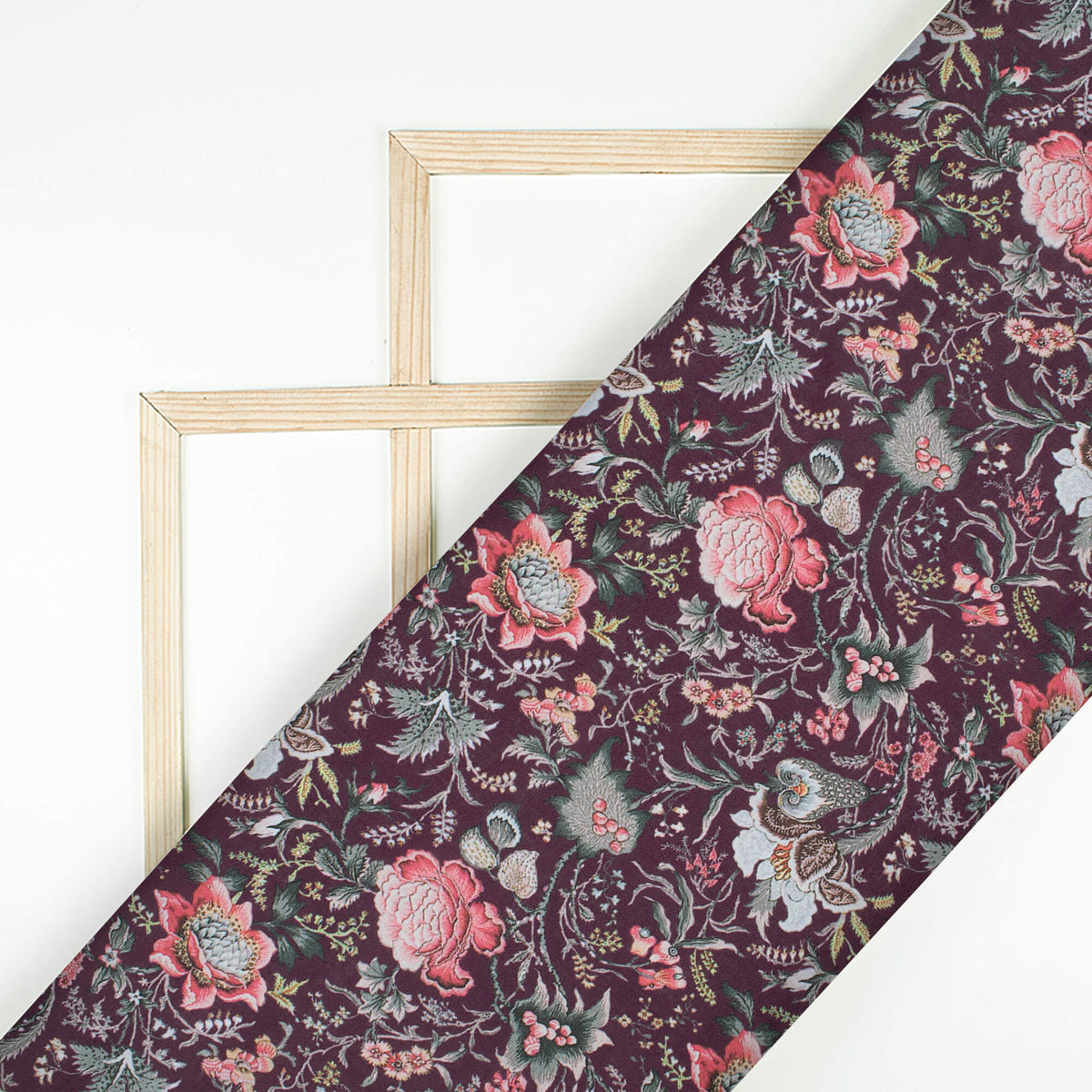 Raisins Purple And Salmon Pink Floral Pattern Digital Print Poly Cambric Fabric