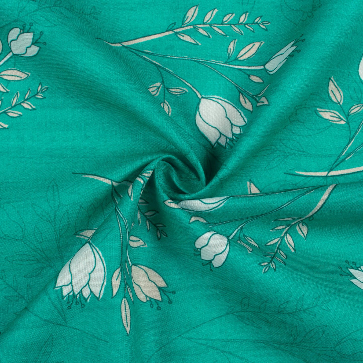 Pine Green And White Floral Pattern Digital Print Poly Cambric Fabric