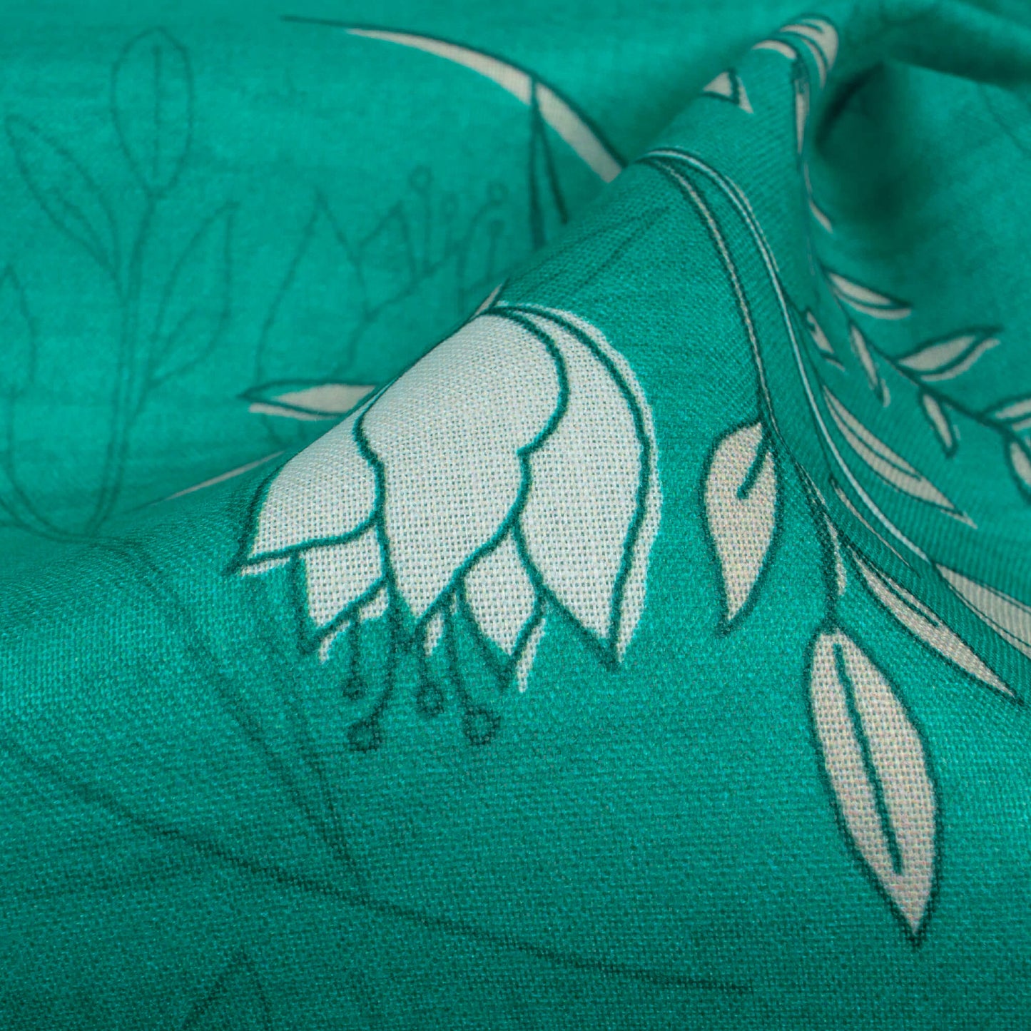 Pine Green And White Floral Pattern Digital Print Poly Cambric Fabric