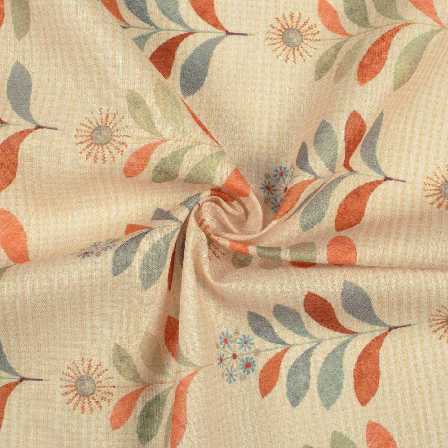 Pastel Orange And Green Leaf Pattern Digital Print Poly Cambric Fabric