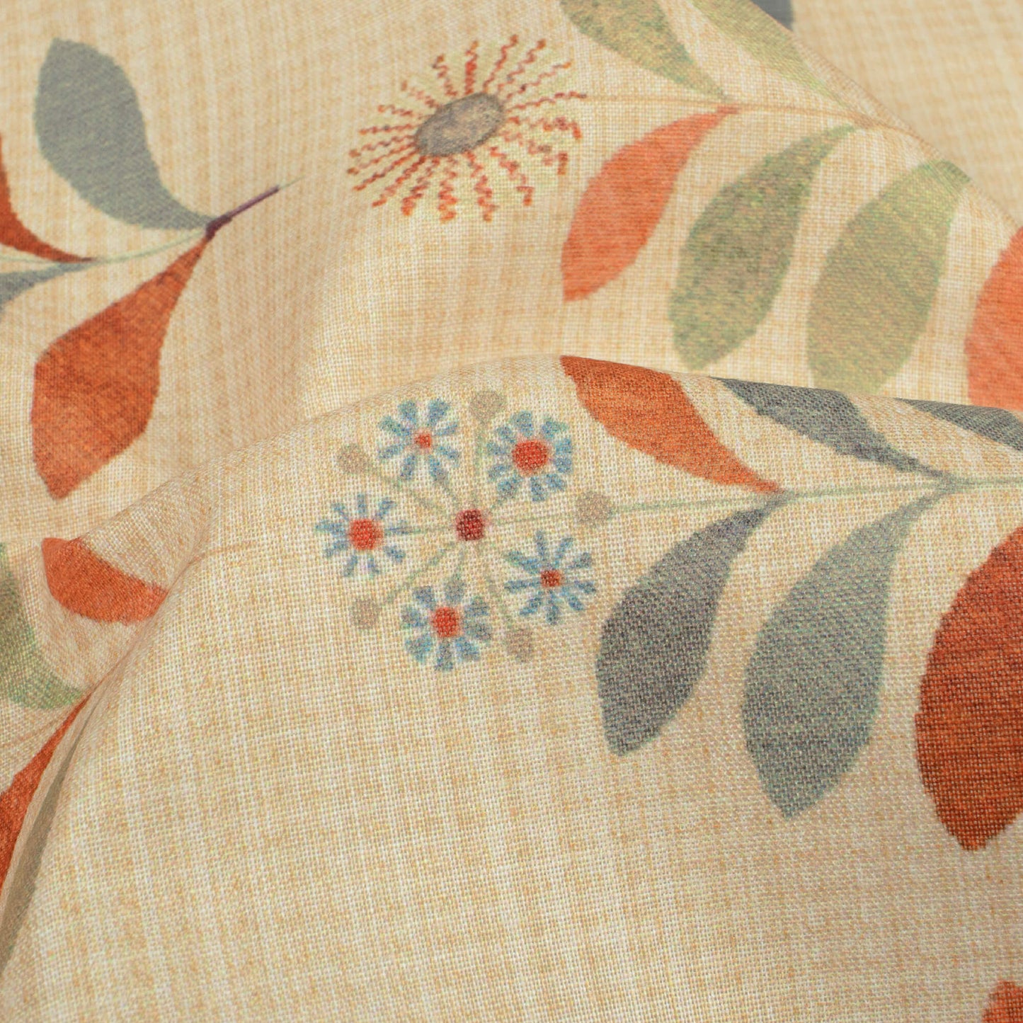 Pastel Orange And Green Leaf Pattern Digital Print Poly Cambric Fabric