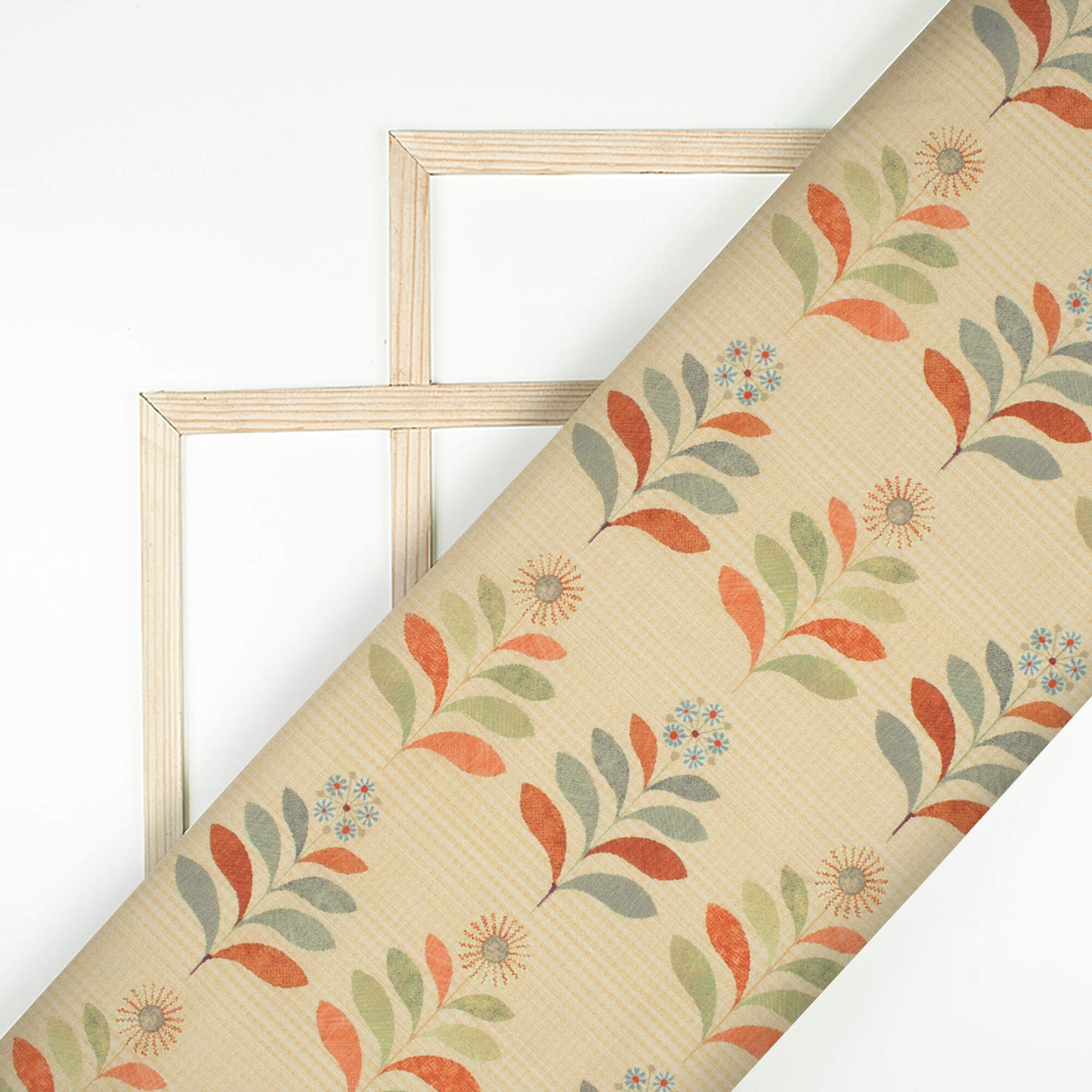 Pastel Orange And Green Leaf Pattern Digital Print Poly Cambric Fabric