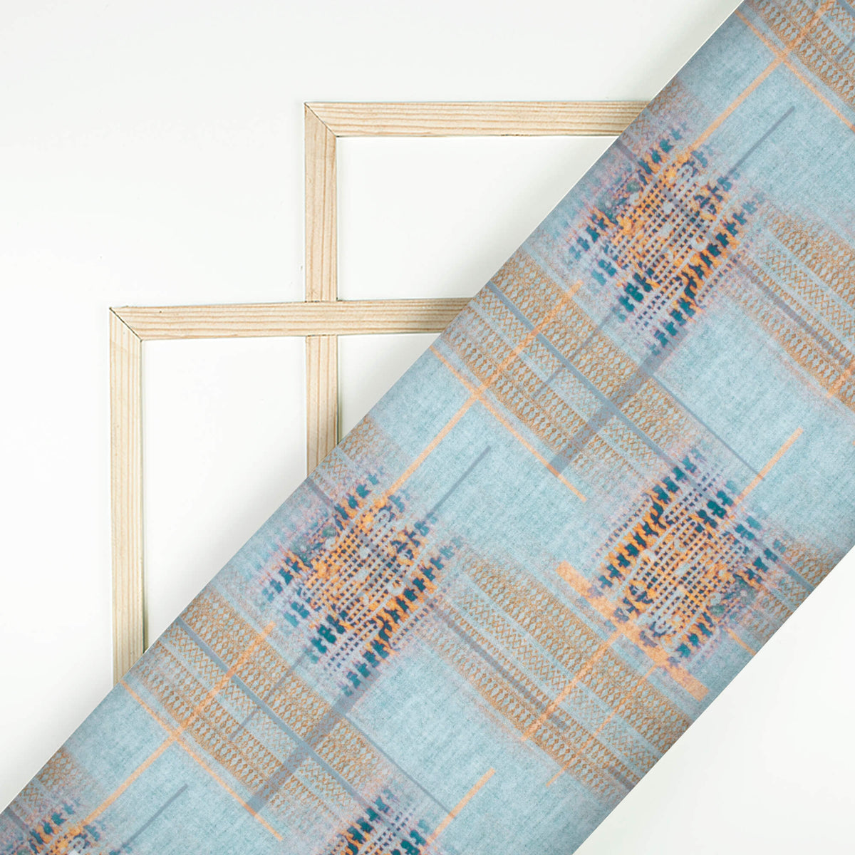 Baby Blue And Orange Abstract Pattern Digital Print Poly Glazed Cotton Fabric