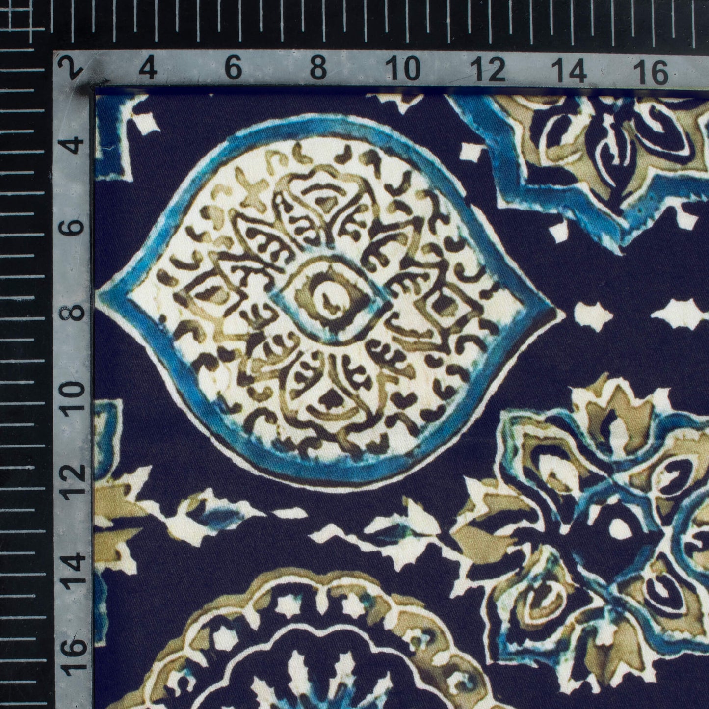 Navy Blue And Beige Ethnic Pattern Digital Print Poly Glazed Cotton Fabric