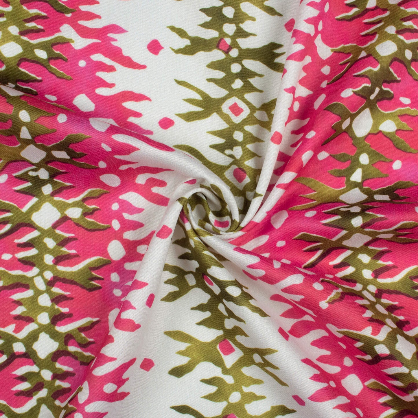 Punch Pink And Moss Green Abstract Pattern Digital Print Poly Glazed Cotton Fabric