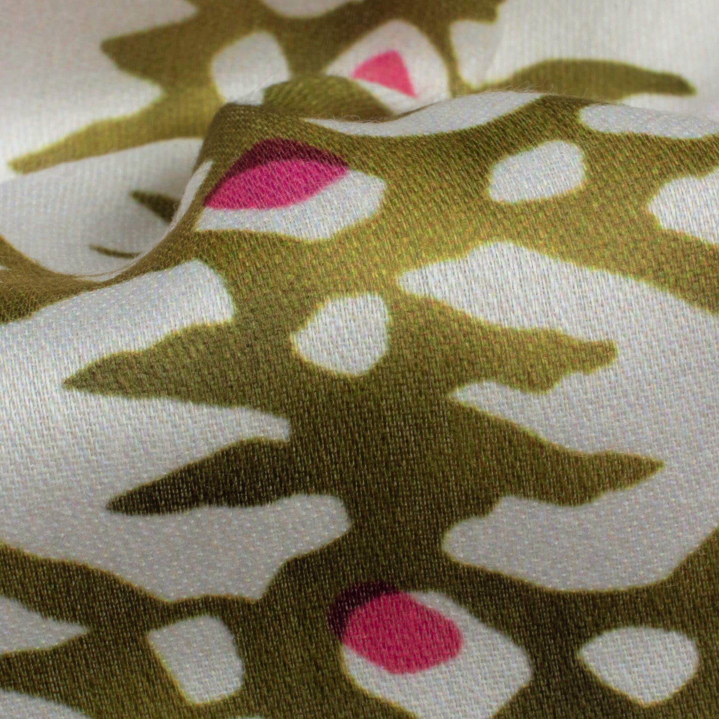 Punch Pink And Moss Green Abstract Pattern Digital Print Poly Glazed Cotton Fabric