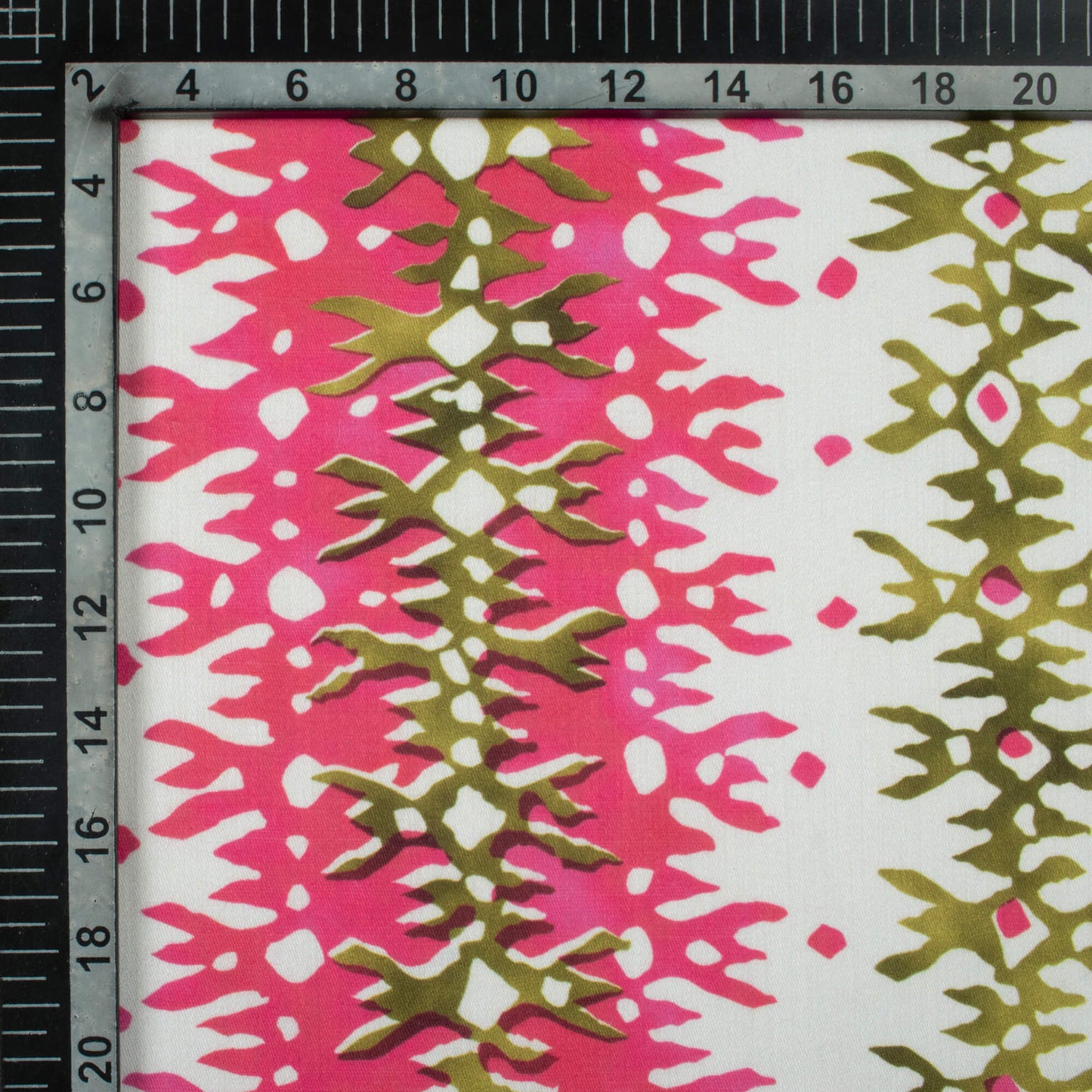 Punch Pink And Moss Green Abstract Pattern Digital Print Poly Glazed Cotton Fabric