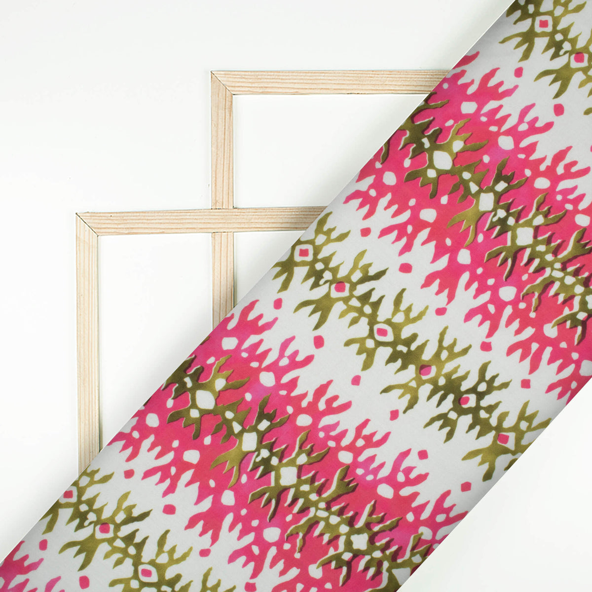 Punch Pink And Moss Green Abstract Pattern Digital Print Poly Glazed Cotton Fabric