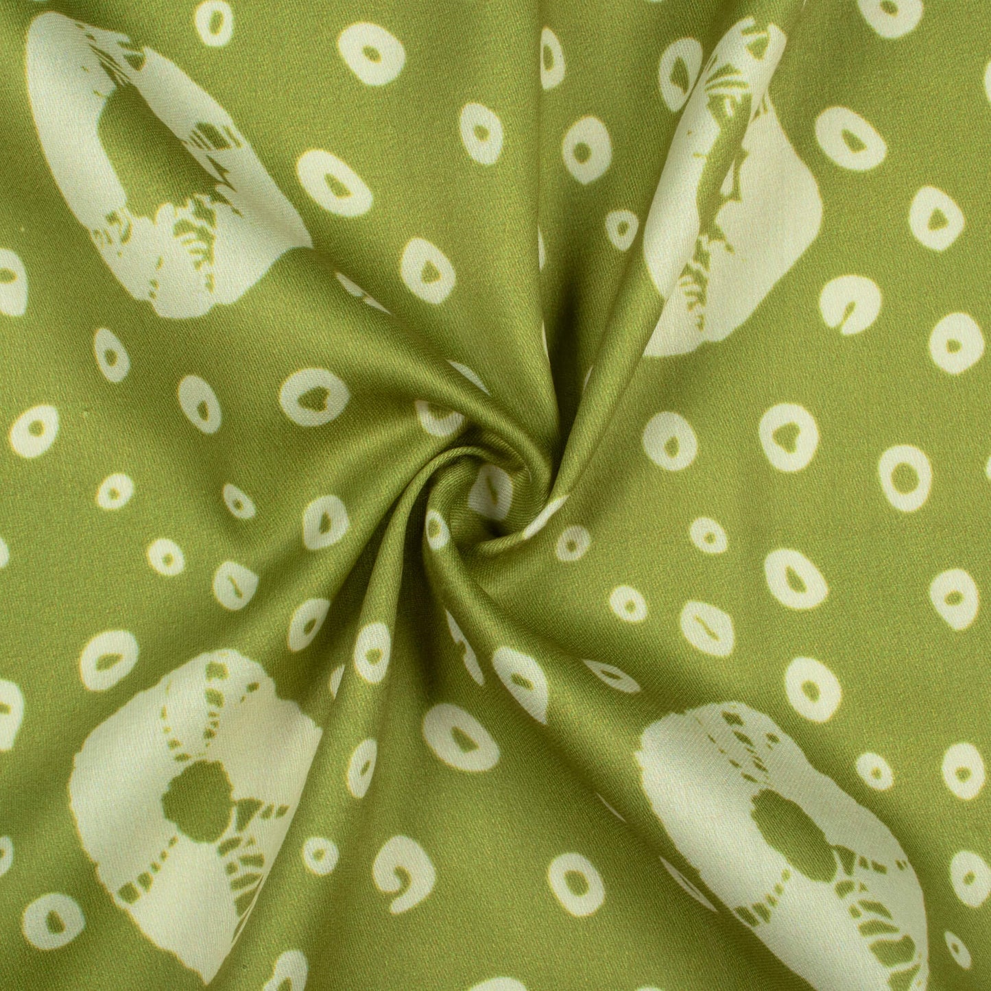 Olive Green And Off White Bandhani Pattern Digital Print Poly Glazed Cotton Fabric