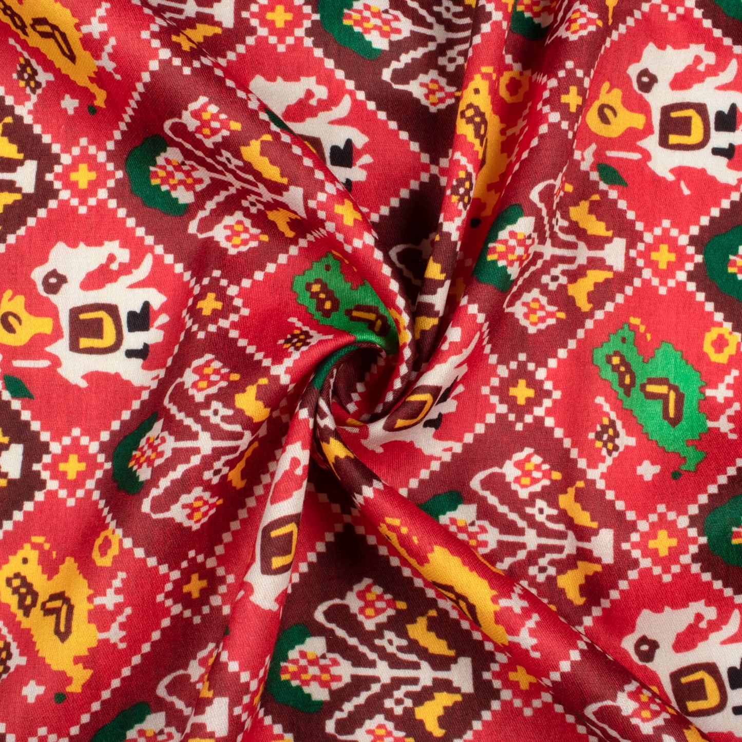 Sangria Red And Green Patolaa Pattern Digital Print Poly Glazed Cotton Fabric