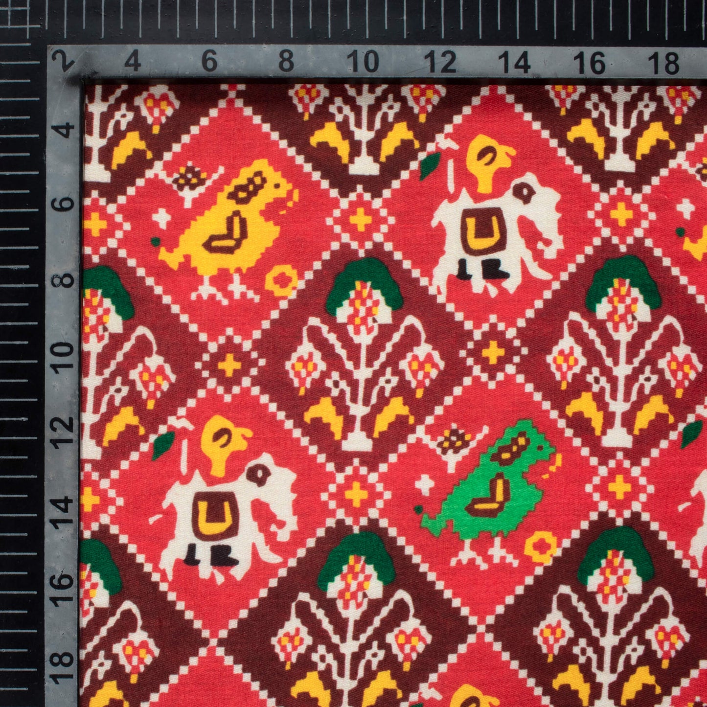 Sangria Red And Green Patolaa Pattern Digital Print Poly Glazed Cotton Fabric