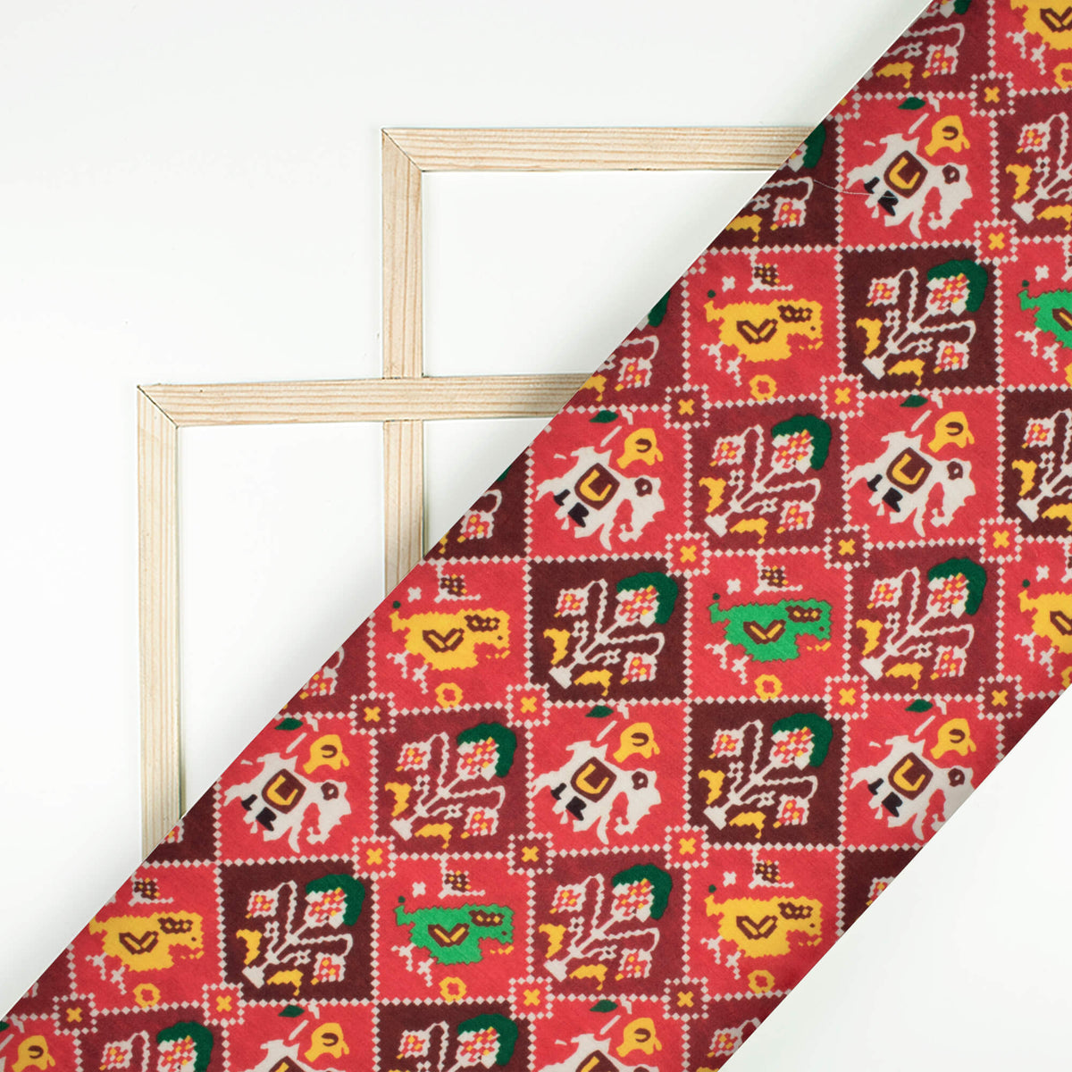 Sangria Red And Green Patolaa Pattern Digital Print Poly Glazed Cotton Fabric