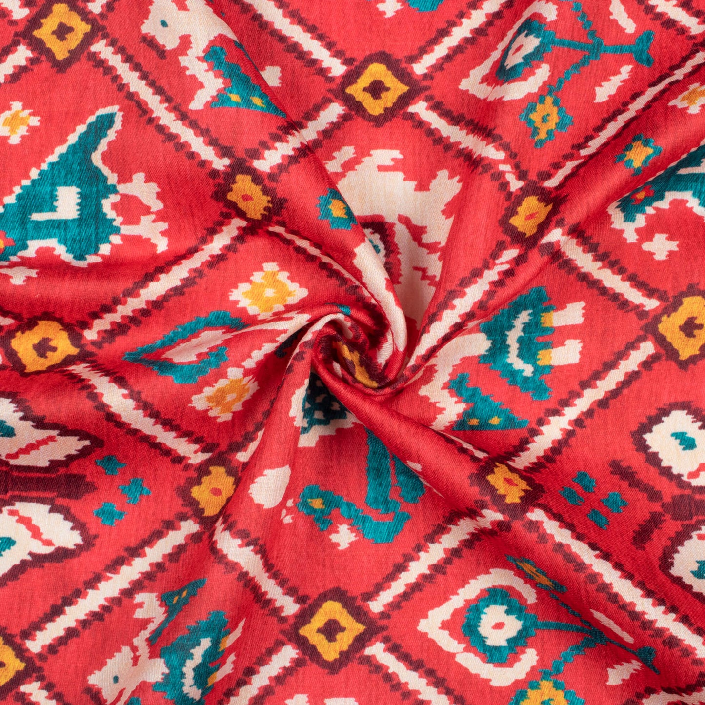 Sangria Red And Teal Green Patolaa Pattern Digital Print Poly Glazed Cotton Fabric
