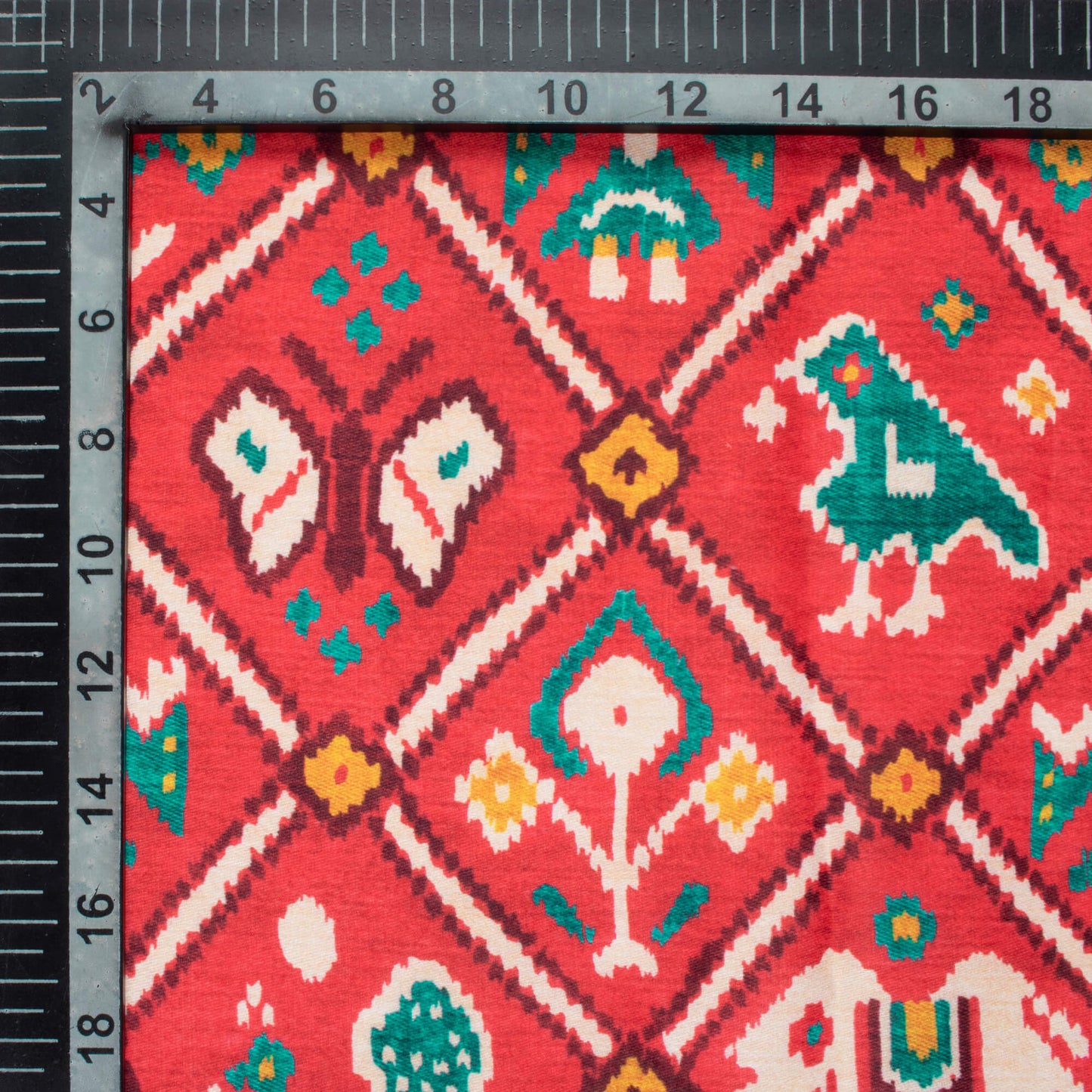 Sangria Red And Teal Green Patolaa Pattern Digital Print Poly Glazed Cotton Fabric