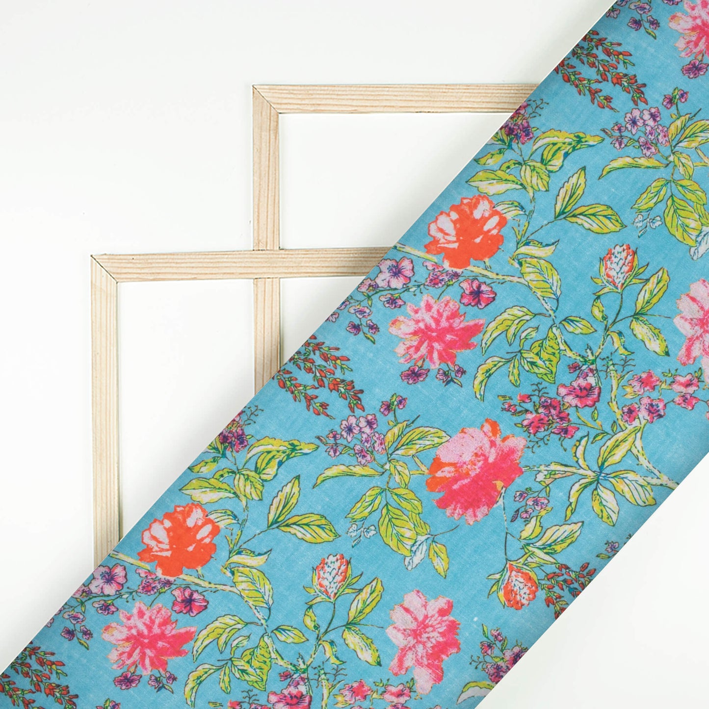 Baby Blue And Taffy Pink Floral Pattern Digital Print Poly Glazed Cotton Fabric