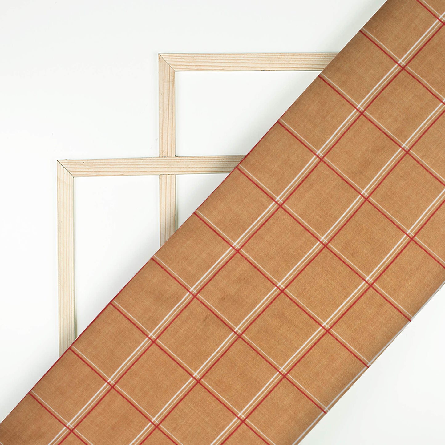 Caramel Brown And Red Checks Pattern Digital Print Poly Glazed Cotton Fabric