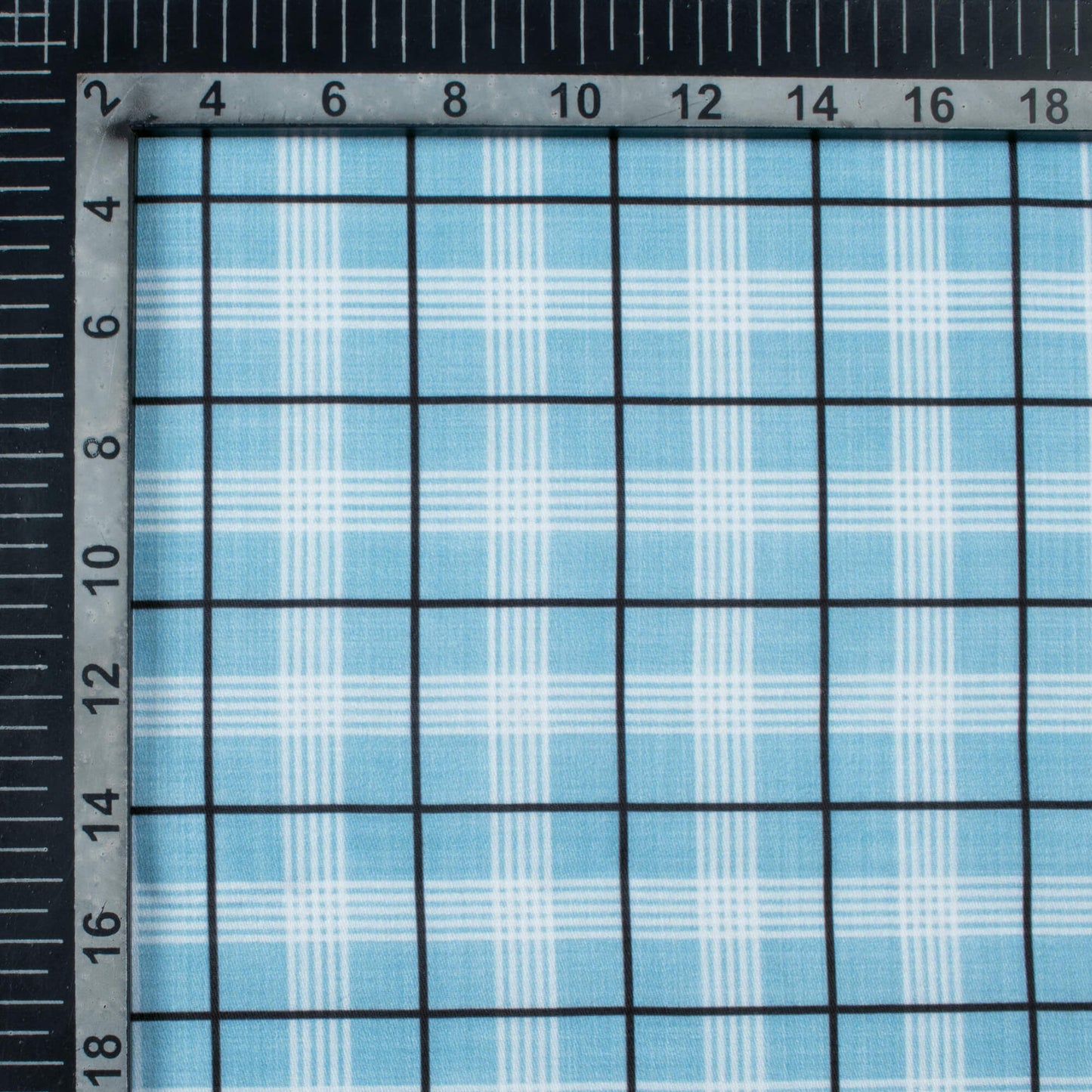 Pastel Blue And Black Checks Pattern Digital Print Poly Glazed Cotton Fabric