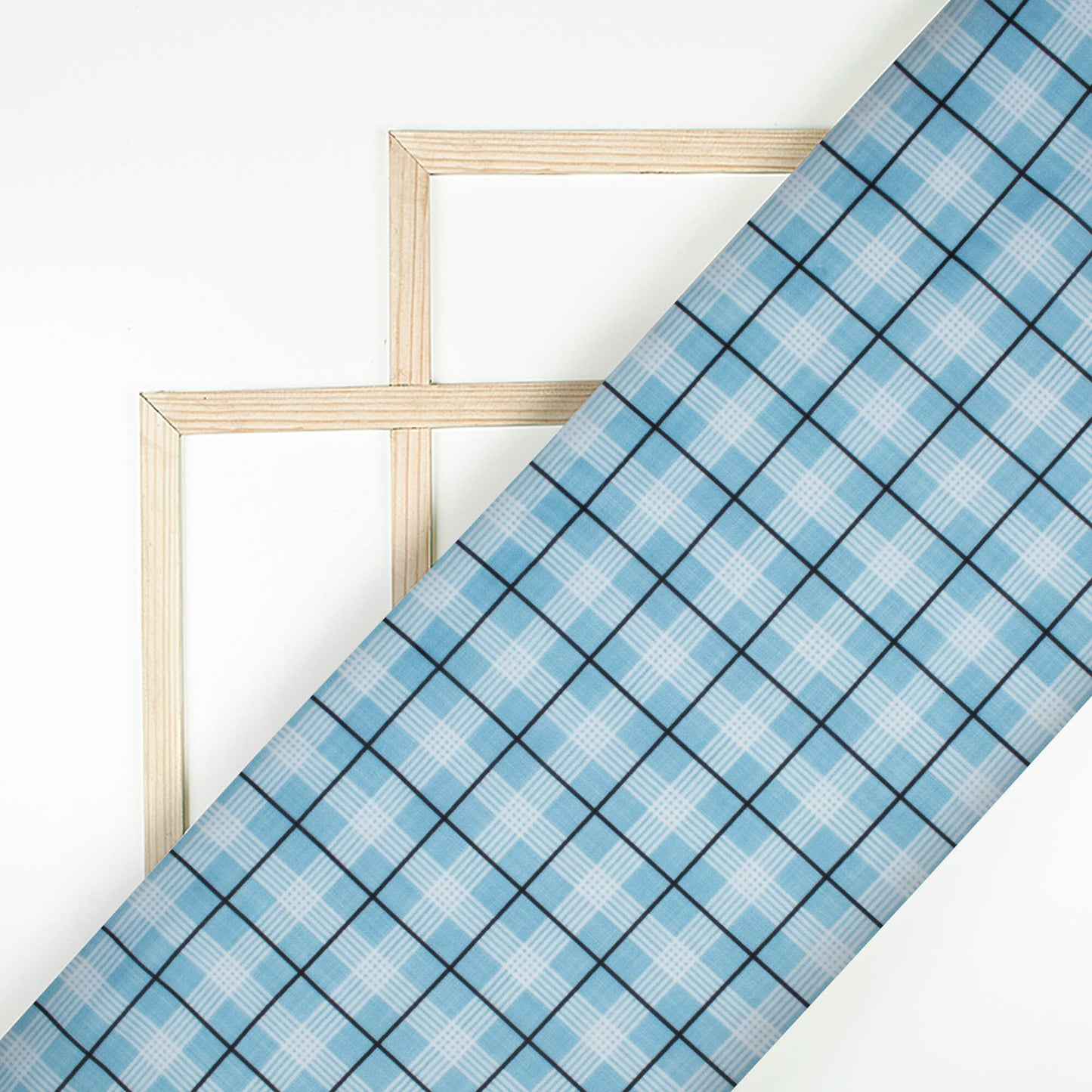 Pastel Blue And Black Checks Pattern Digital Print Poly Glazed Cotton Fabric