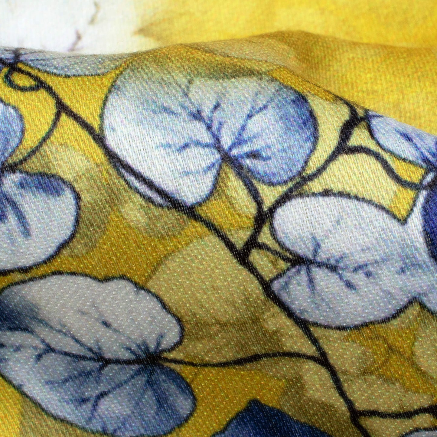 Dijon Yellow And Yale Blue Leaf Pattern Digital Print Poly Glazed Cotton Fabric