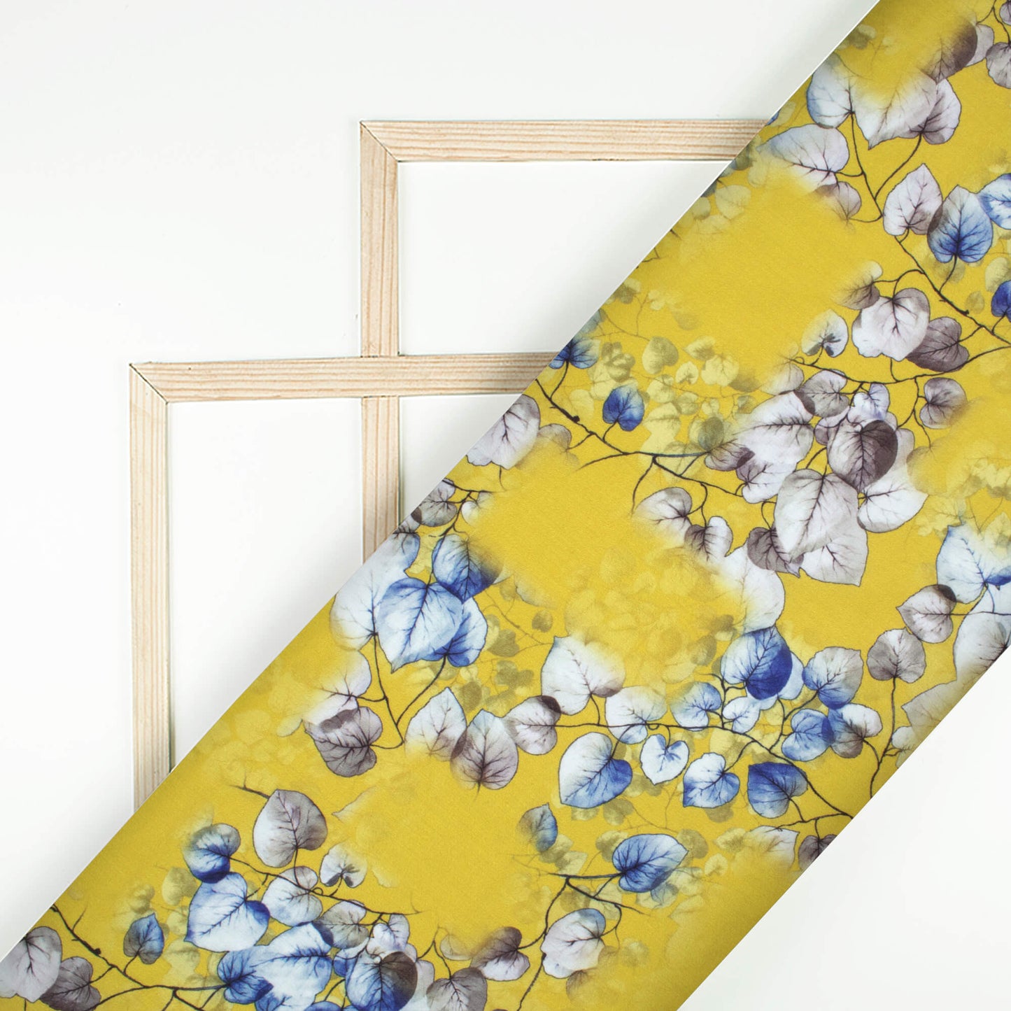 Dijon Yellow And Yale Blue Leaf Pattern Digital Print Poly Glazed Cotton Fabric