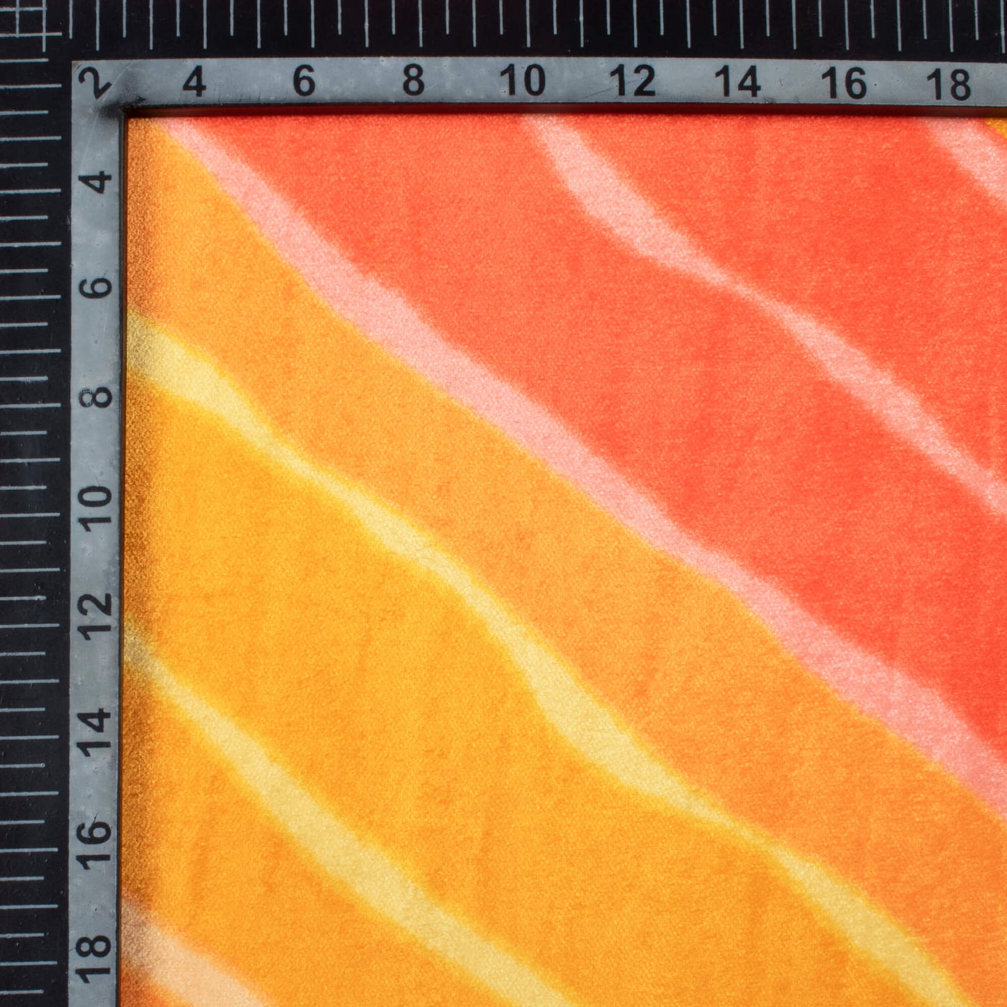 Merigold Orange And Persian Red Leheriya Pattern Digital Print Premium Velvet Fabric