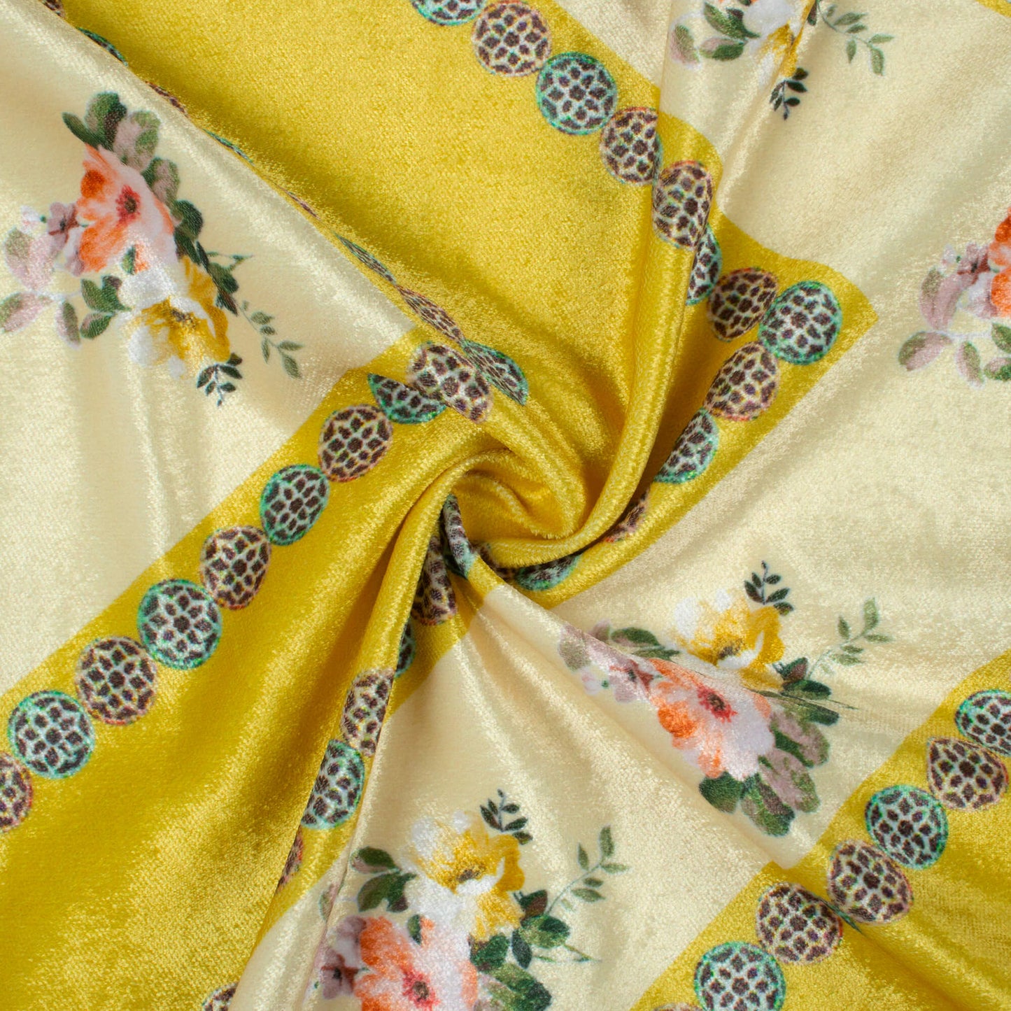Olive Green And Pale Yellow Floral Pattern Digital Print Premium Velvet Fabric