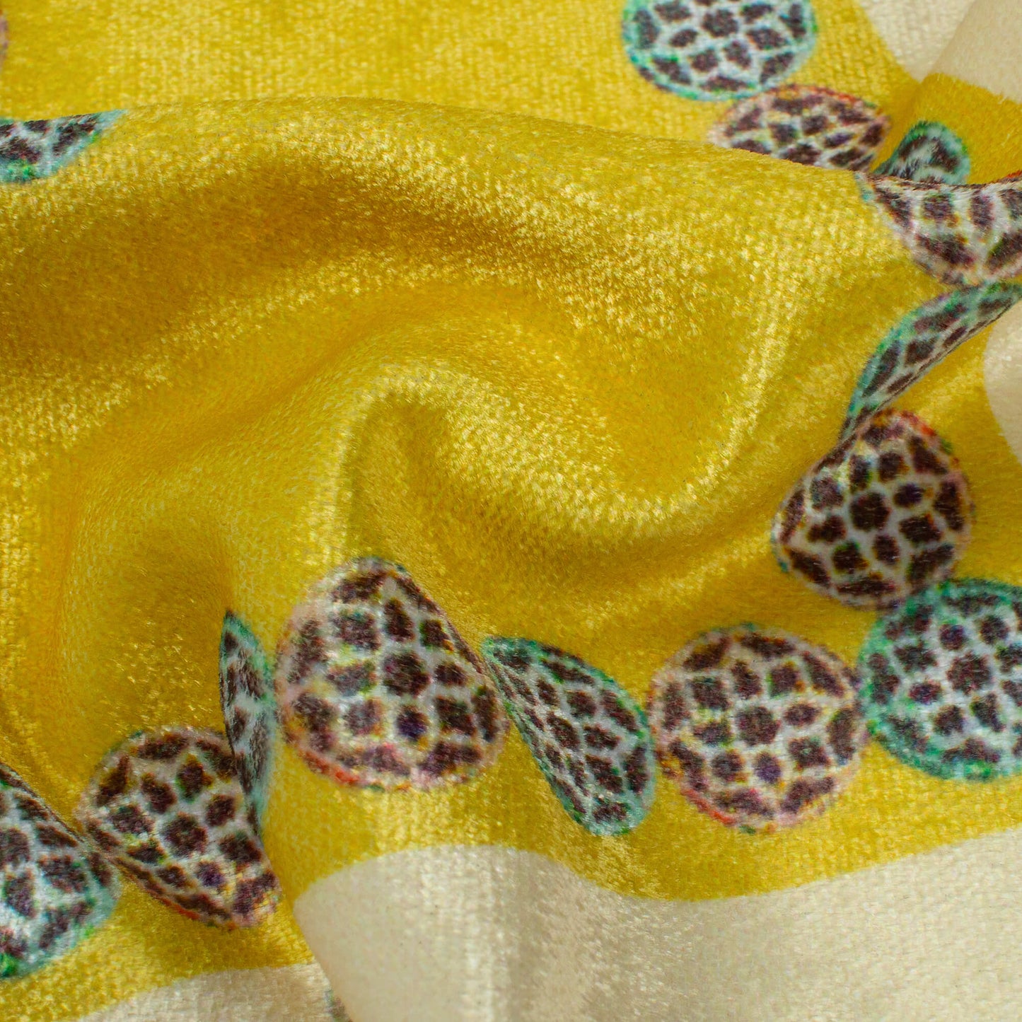 Olive Green And Pale Yellow Floral Pattern Digital Print Premium Velvet Fabric