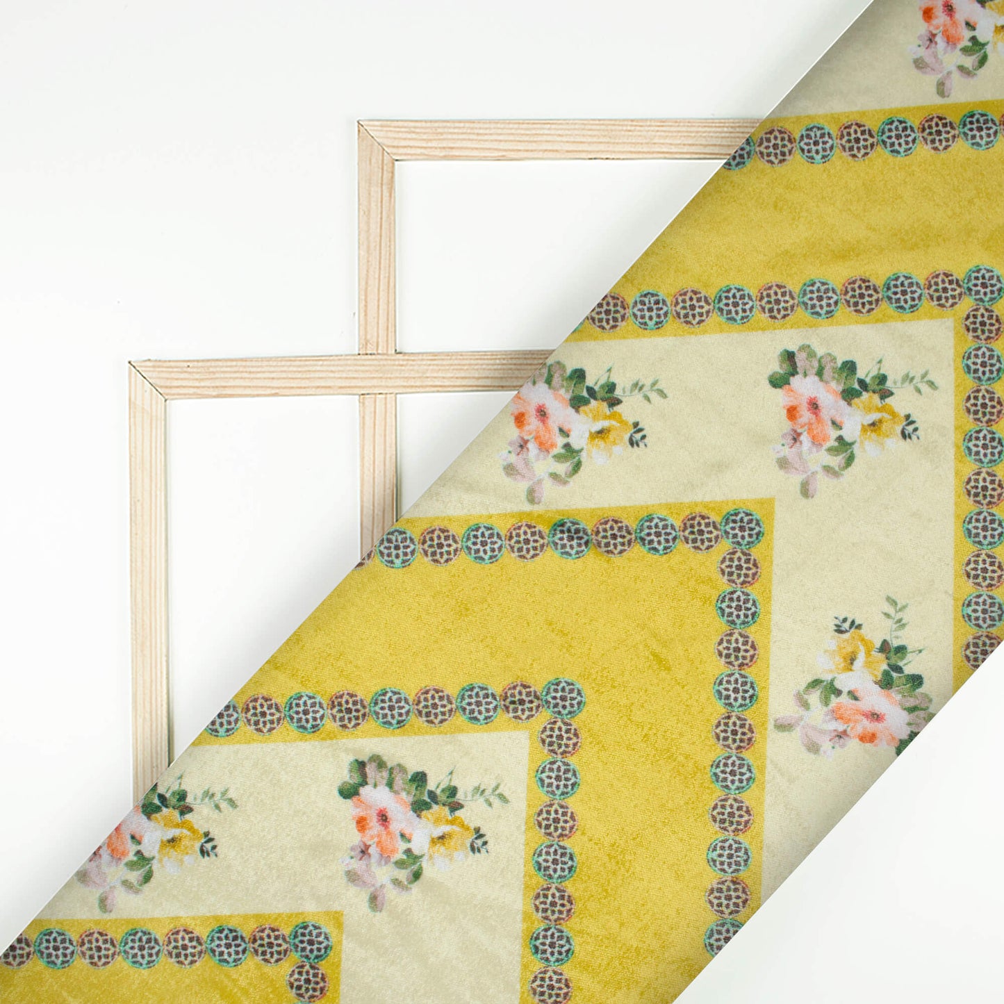 Olive Green And Pale Yellow Floral Pattern Digital Print Premium Velvet Fabric