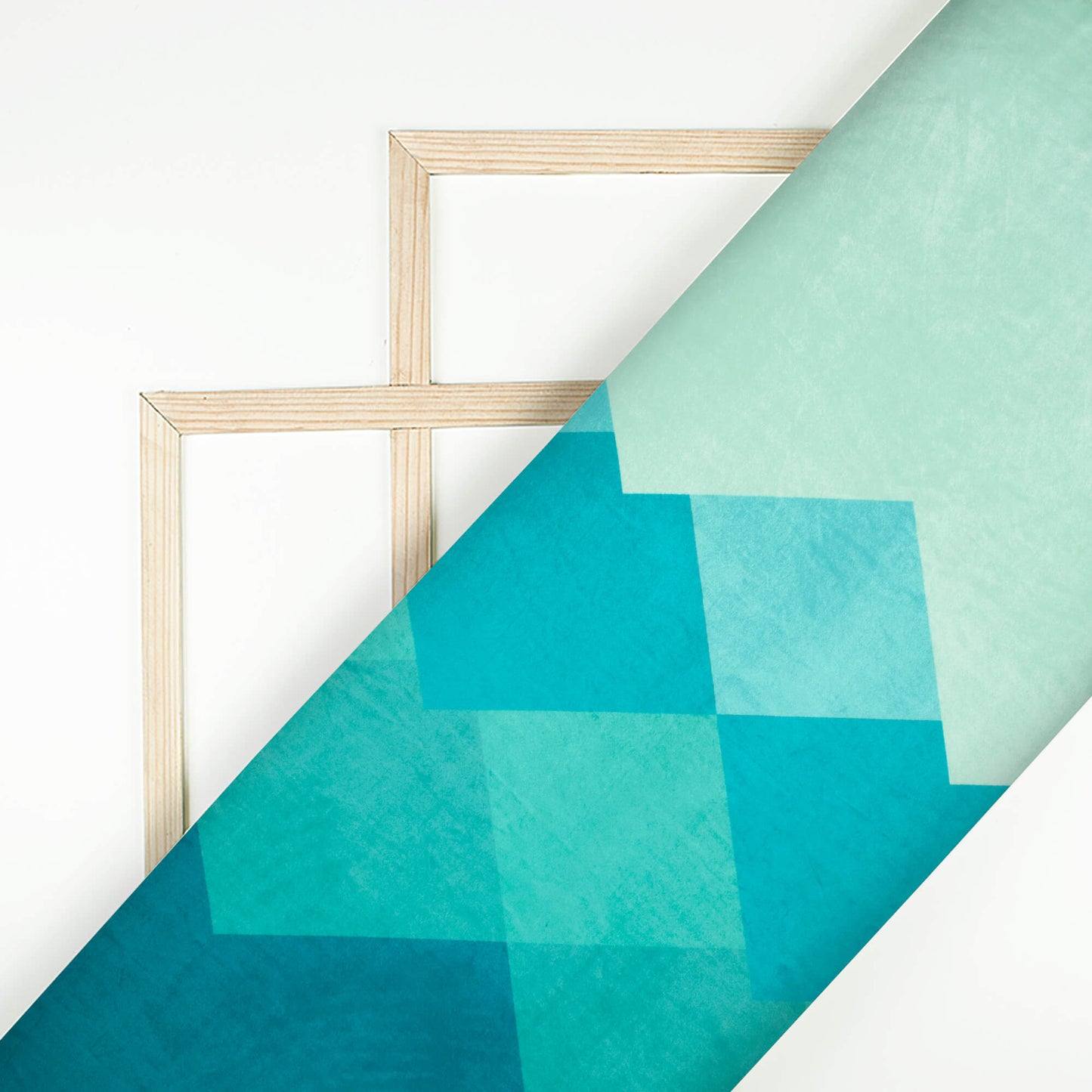 Teal Blue And Pale Green Geometric Pattern Digital Print Premium Velvet Fabric