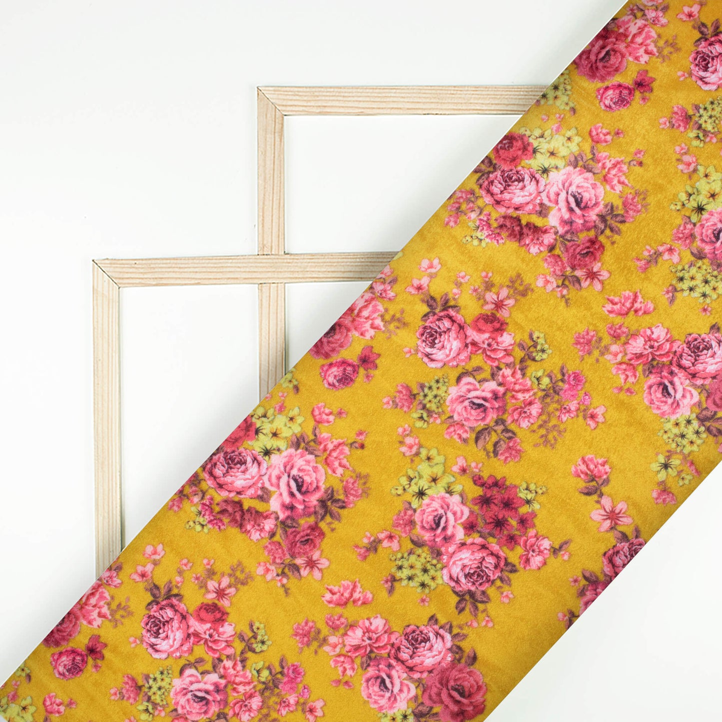 Dijon Yellow And Pink Floral Pattern Digital Print Premium Velvet Fabric