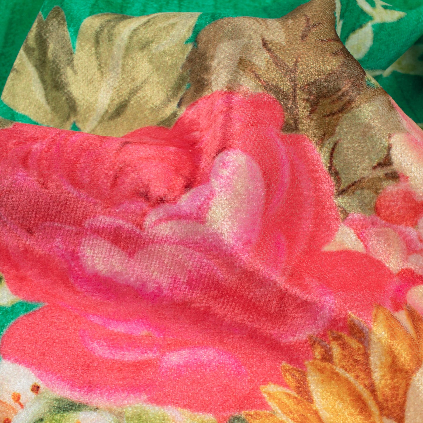 Spanish Green And Hot Pink Floral Pattern Digital Print Premium Velvet Fabric