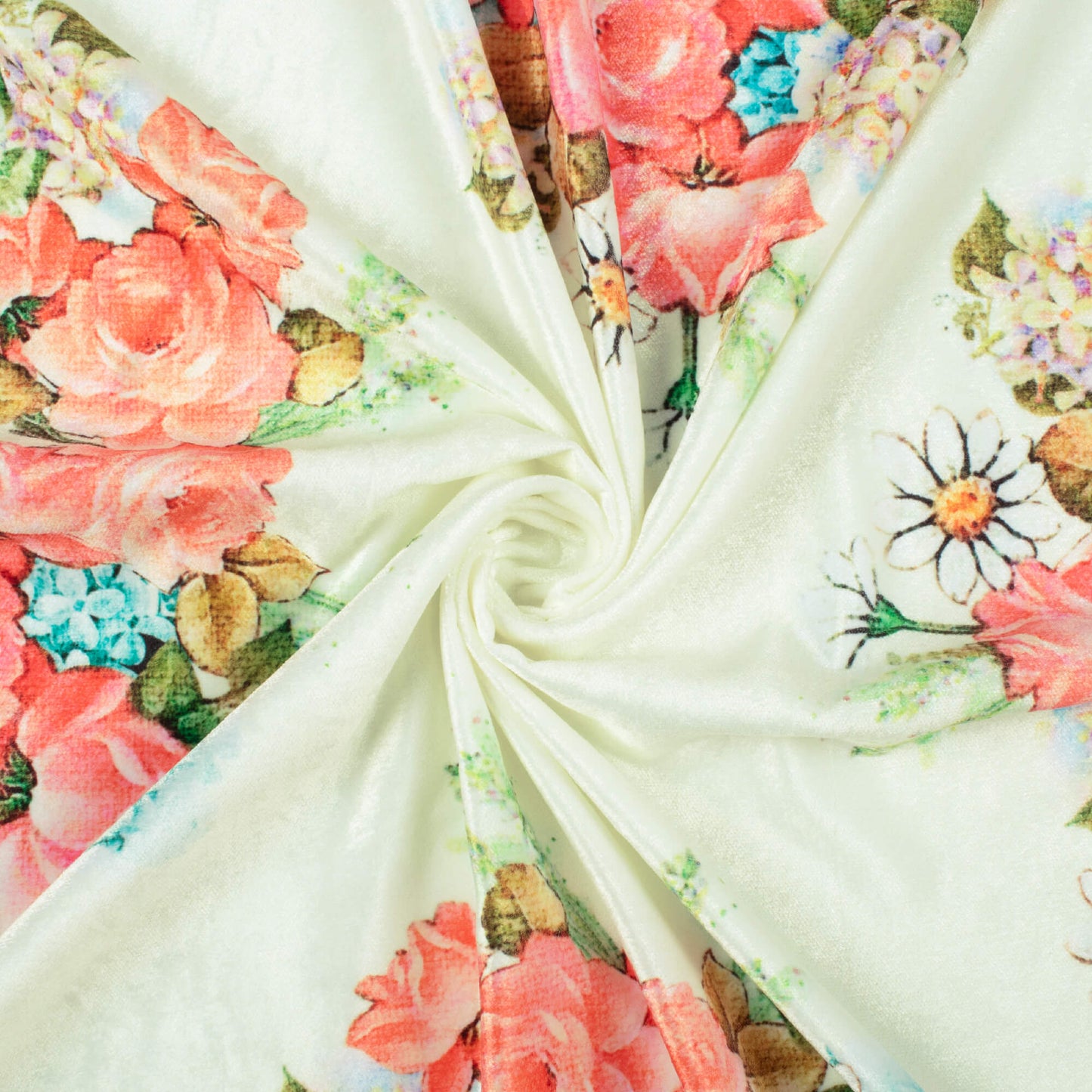 Off White And Pink Floral Pattern Digital Print Premium Velvet Fabric