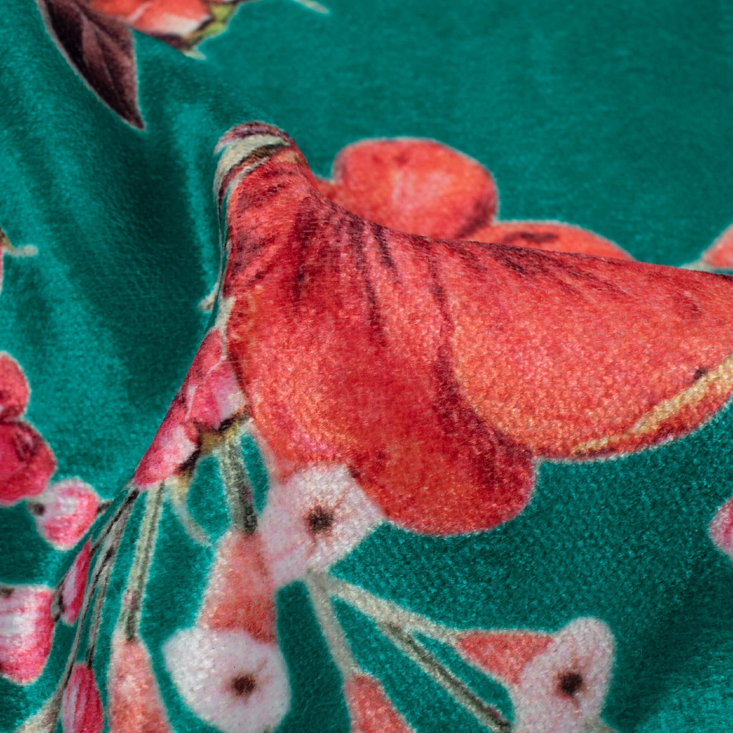 Pine Green And Pursian Red Floral Pattern Digital Print Premium Velvet Fabric