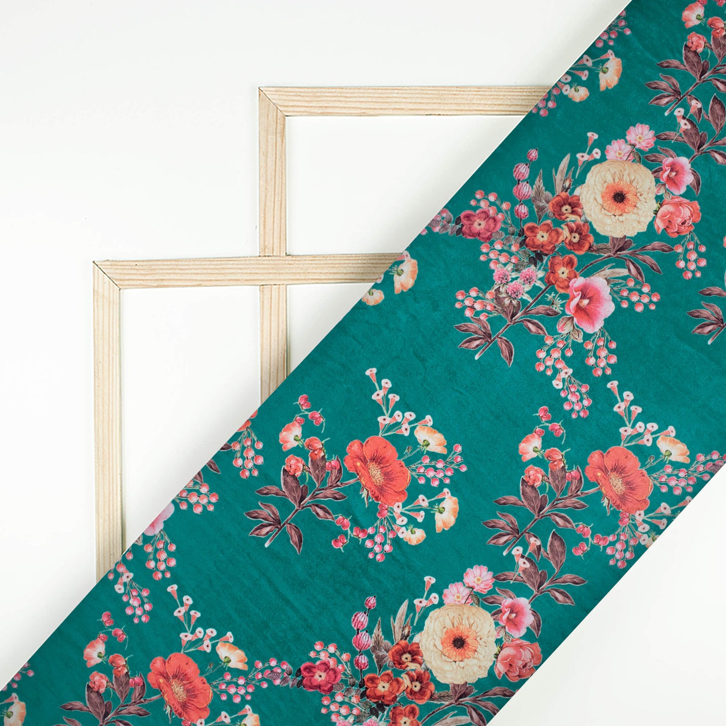 Pine Green And Pursian Red Floral Pattern Digital Print Premium Velvet Fabric