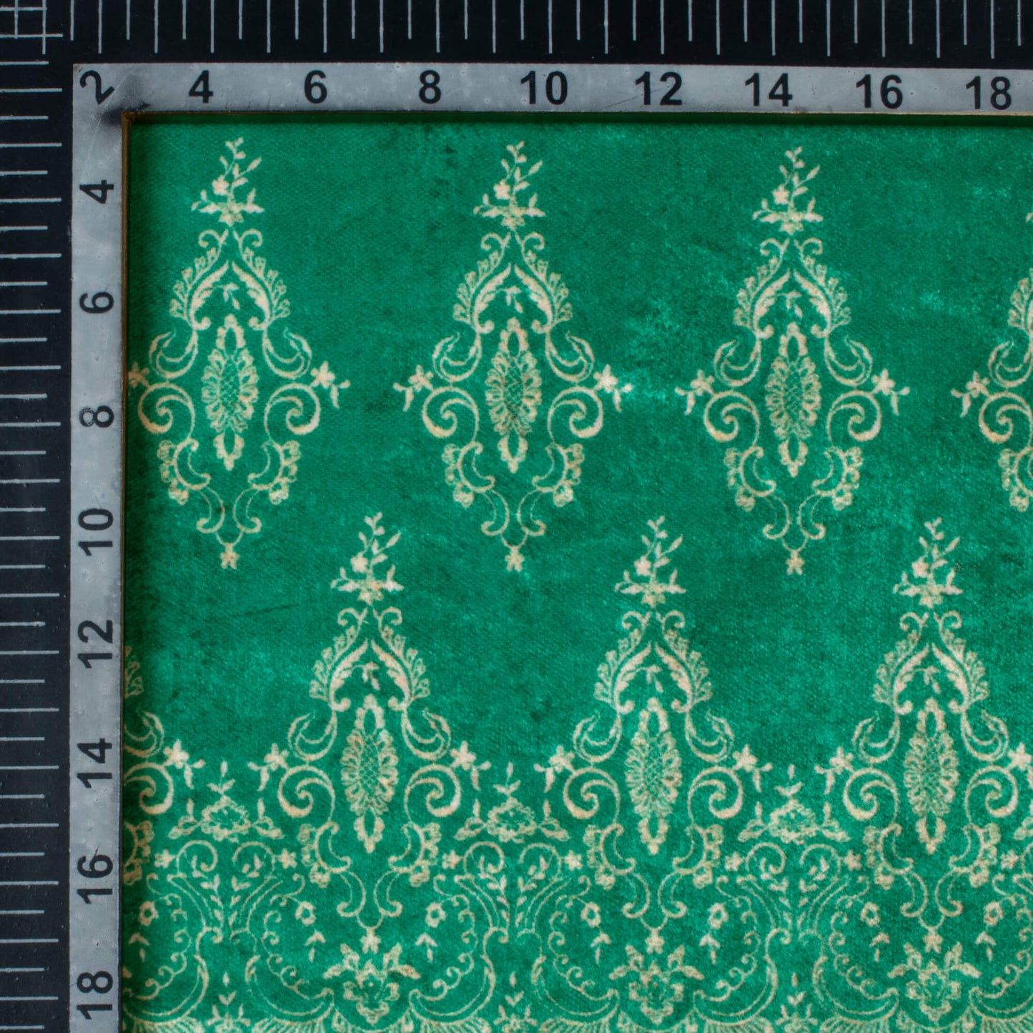 Dark Green And Beige Cream Daman Pattern Digital Print Premium Velvet Fabric