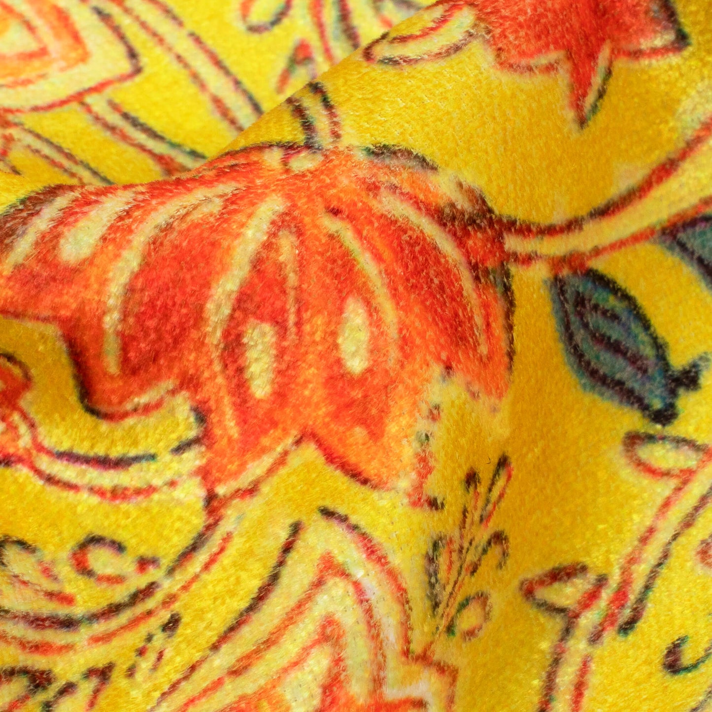 Medallion Yellow And Red Floral Pattern Digital Print Premium Velvet Fabric