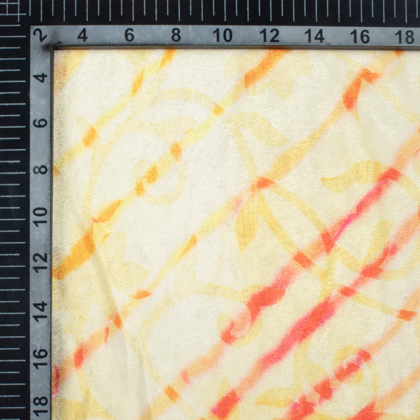 Daffodil Yellow And Vermilion Red Leheriya Pattern Digital Print Premium Velvet Fabric