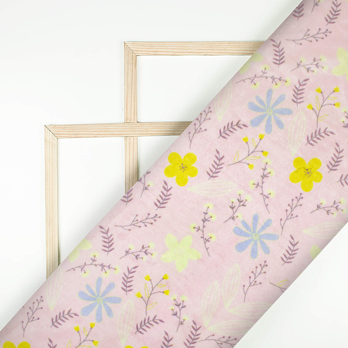 Baby Pink And Lemon Yellow Floral Pattern Digital Print Premium Velvet Fabric
