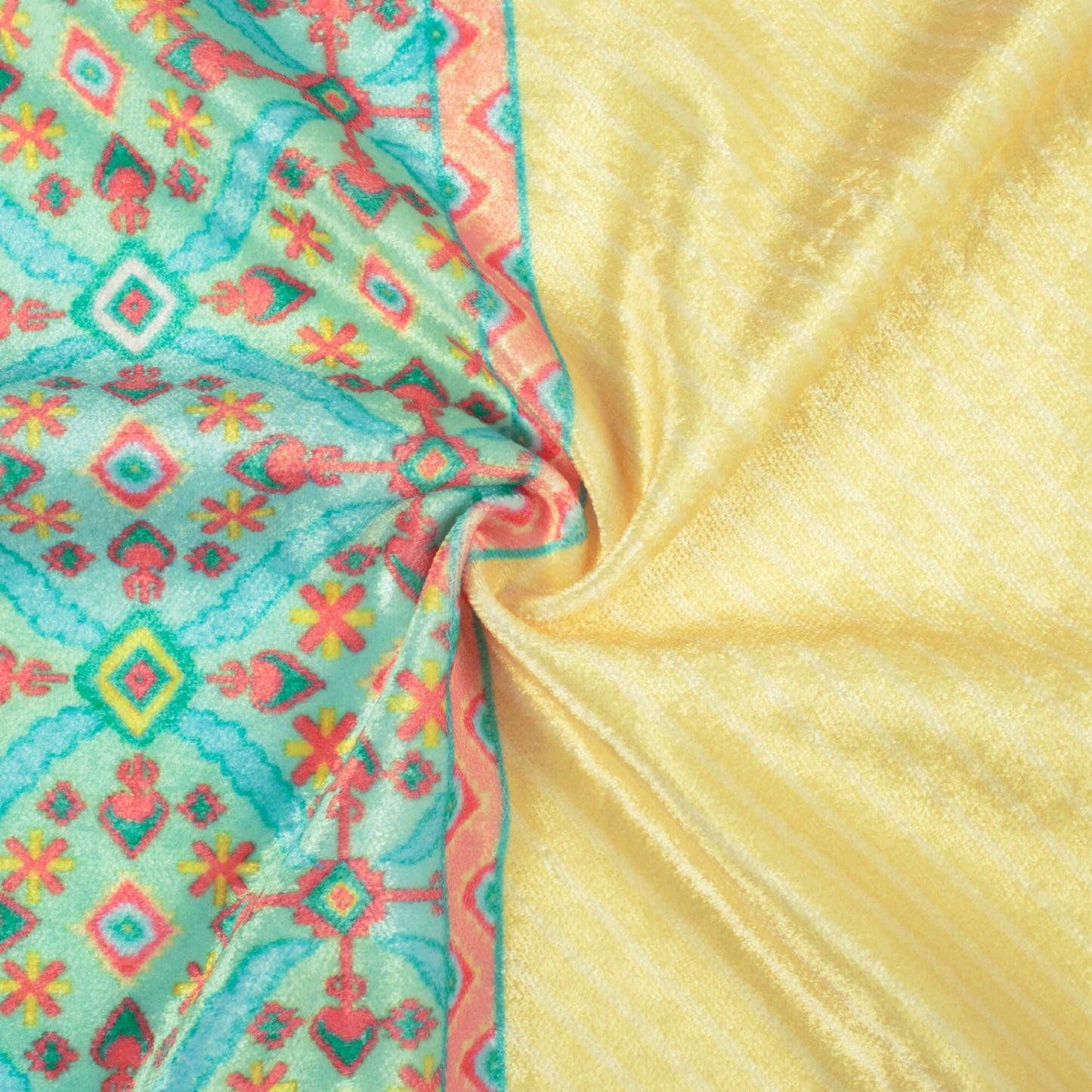 Banana Yellow And Pastel Green Daman Pattern Digital Print Premium Velvet Fabric