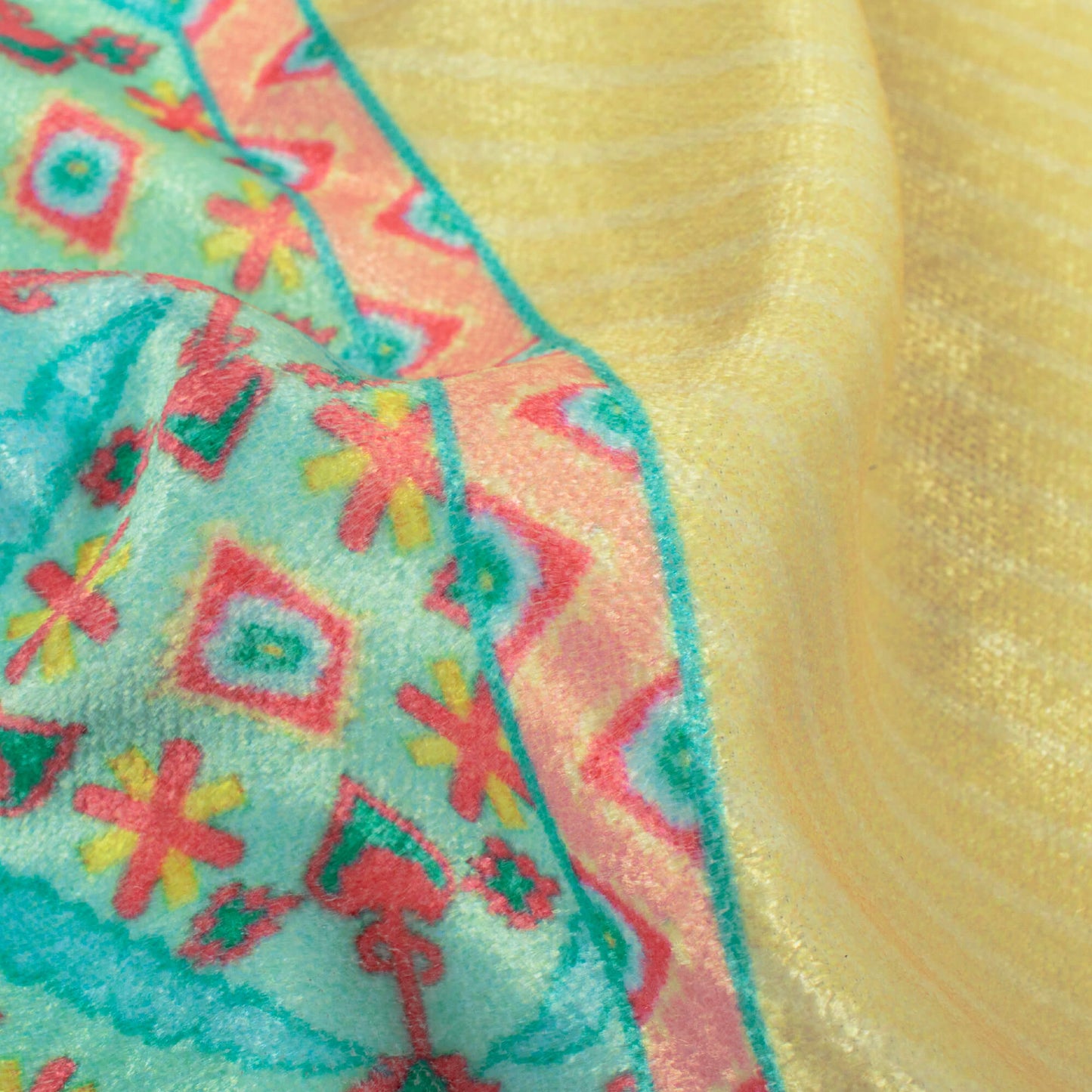 Banana Yellow And Pastel Green Daman Pattern Digital Print Premium Velvet Fabric