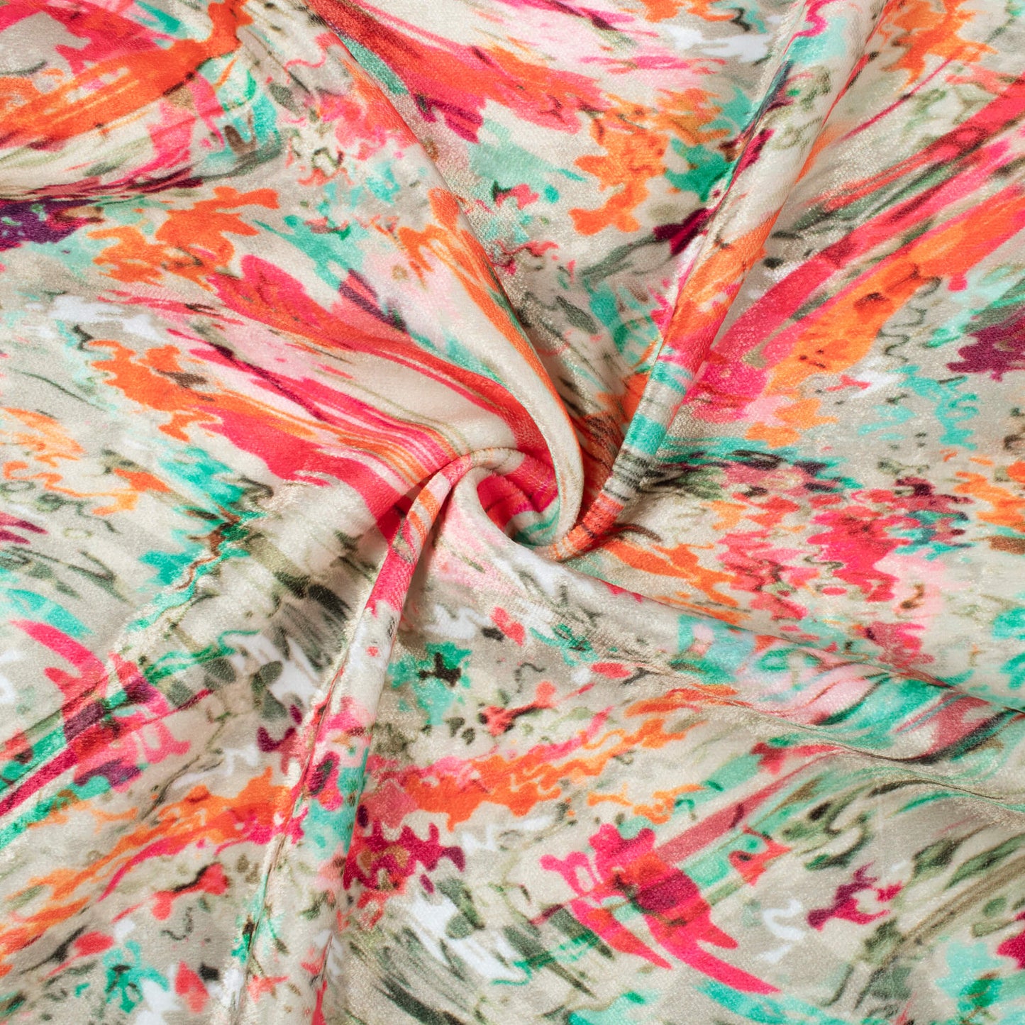 Punch Pink And Parakeet Green Abstract Pattern Digital Print Premium Velvet Fabric