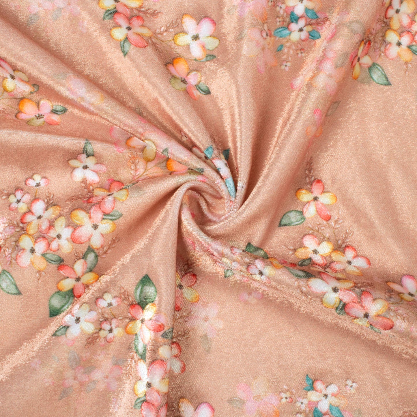 Peach And Cream Floral Pattern Digital Print Premium Velvet Fabric
