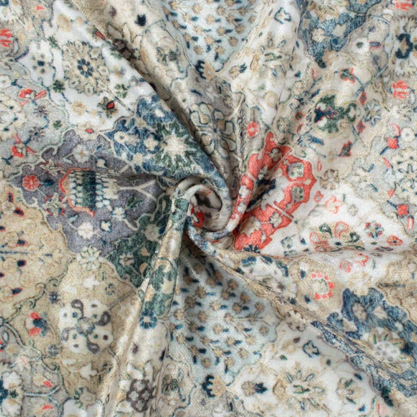 Beige And Purssian Blue Traditional Pattern Digital Print Velvet Fabric