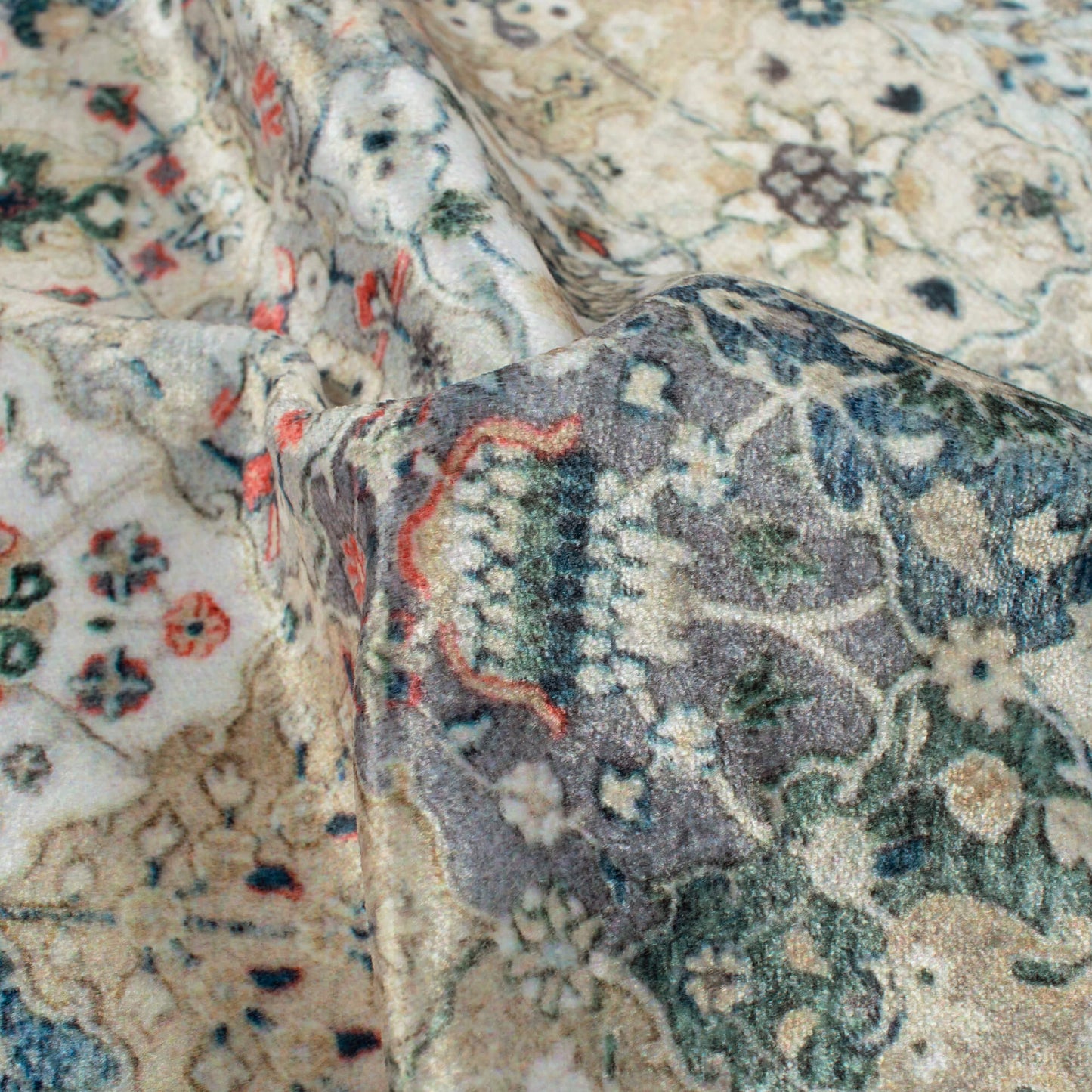 Beige And Purssian Blue Traditional Pattern Digital Print Velvet Fabric