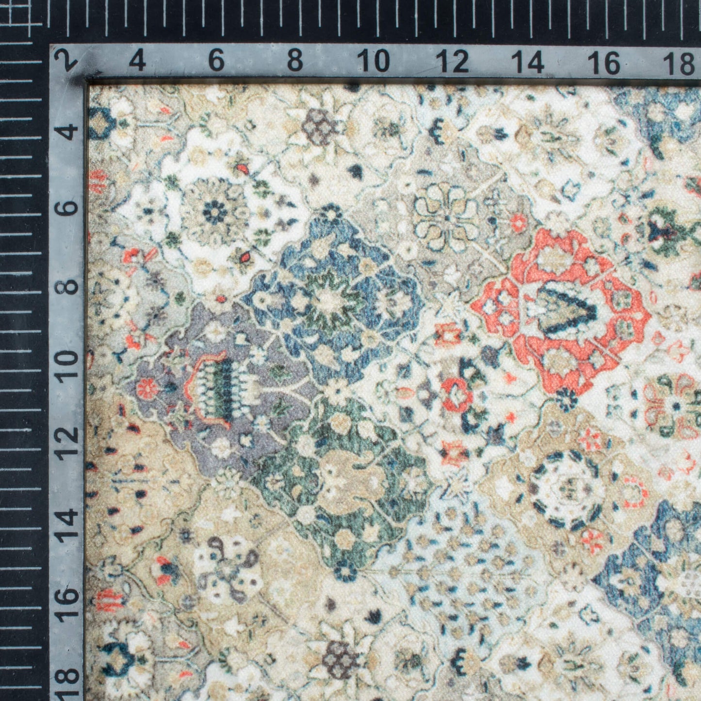 Beige And Purssian Blue Traditional Pattern Digital Print Velvet Fabric